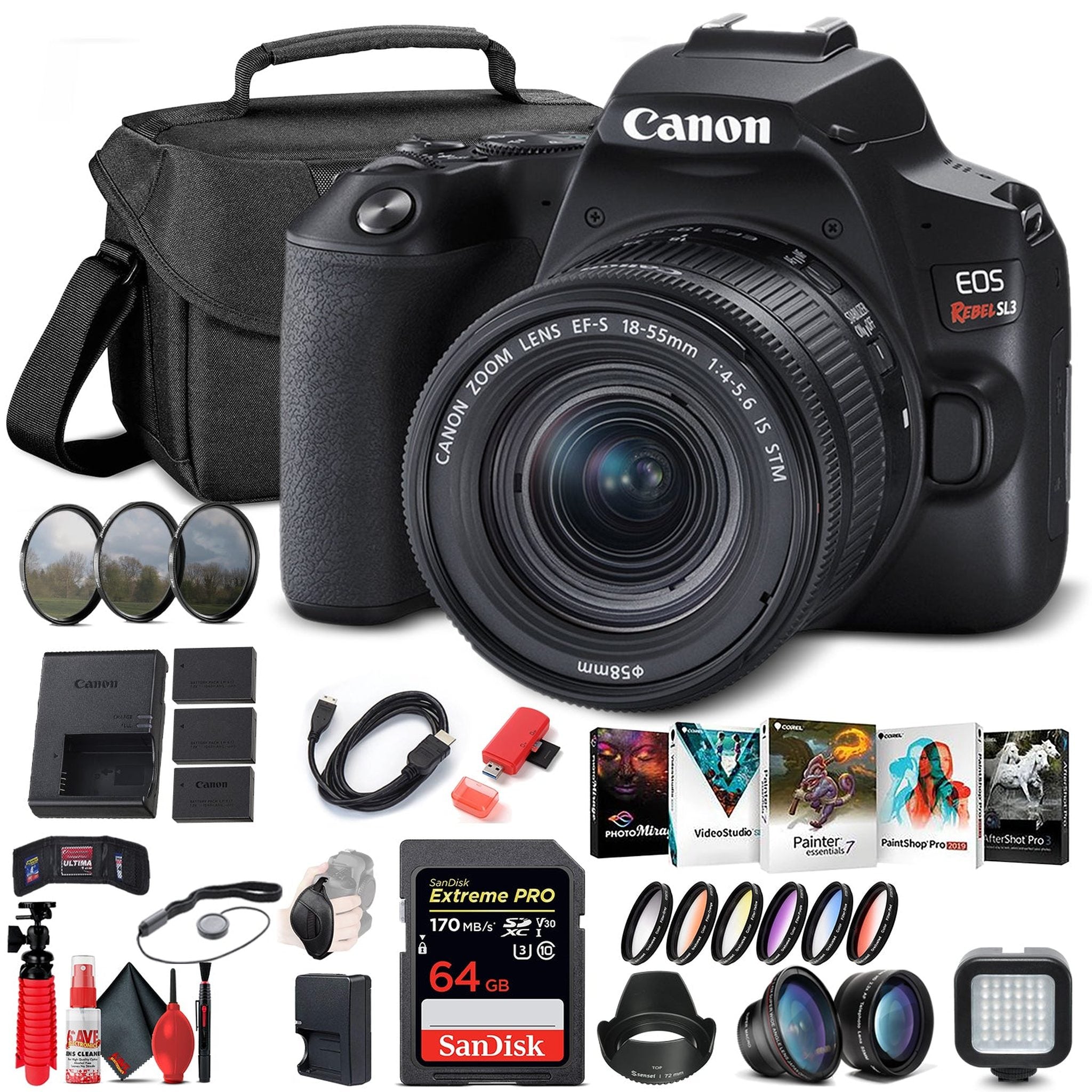 Canon EOS Rebel SL3 DSLR Camera W/ 18-55mm Lens Black 3453C002 Portable Travel Bundle