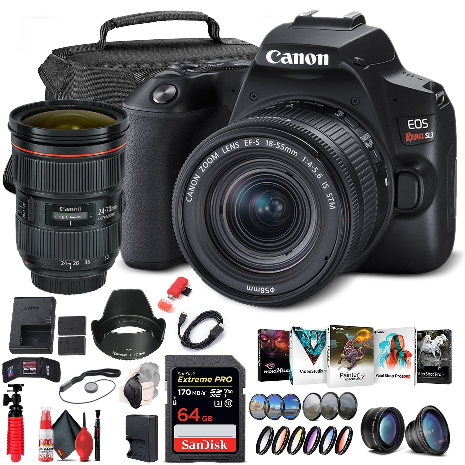 Canon EOS Rebel SL3 DSLR Camera with 18-55mm Lens (Black) (3453C002) Additional Lens Bundle