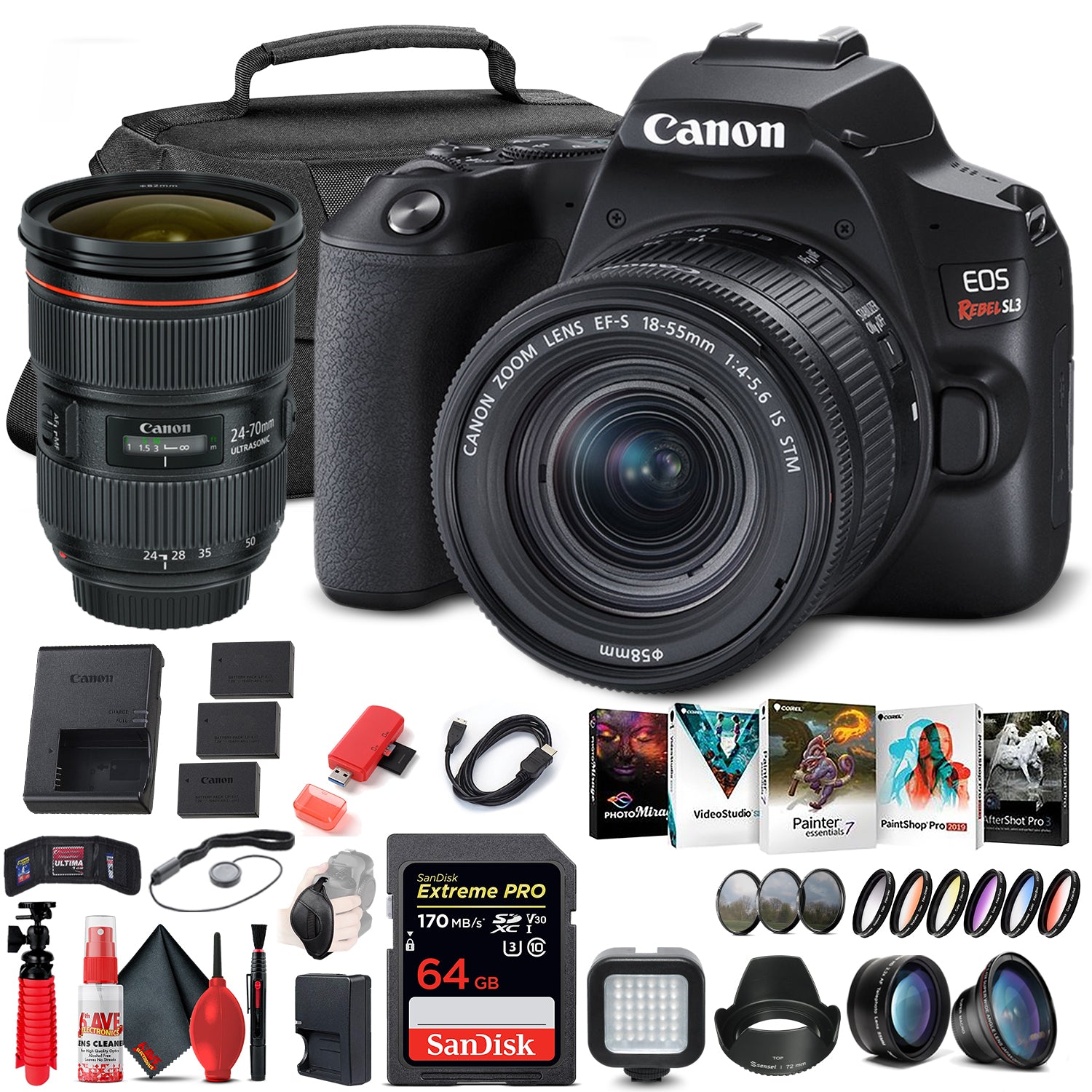 Canon EOS Rebel SL3 DSLR Camera with 18-55mm Lens (Black) (3453C002) Extra Battery Bundle