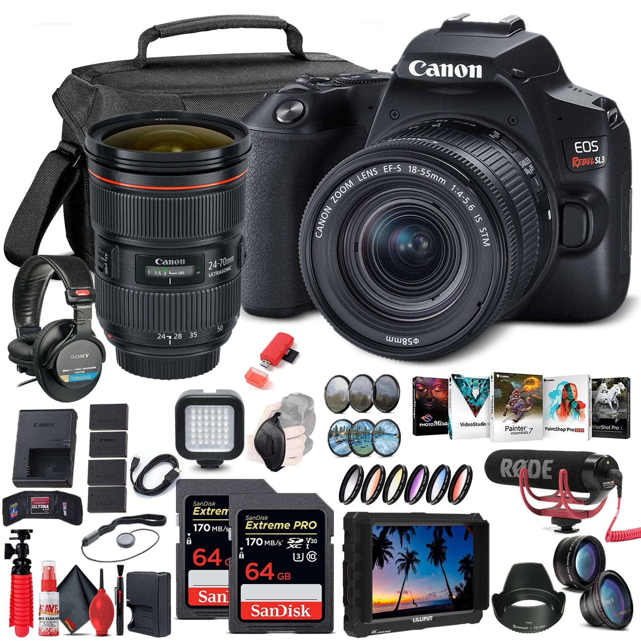 Canon EOS Rebel SL3 DSLR Camera with 18-55mm Lens Black 3453C002 + More - Reconditioned Canon