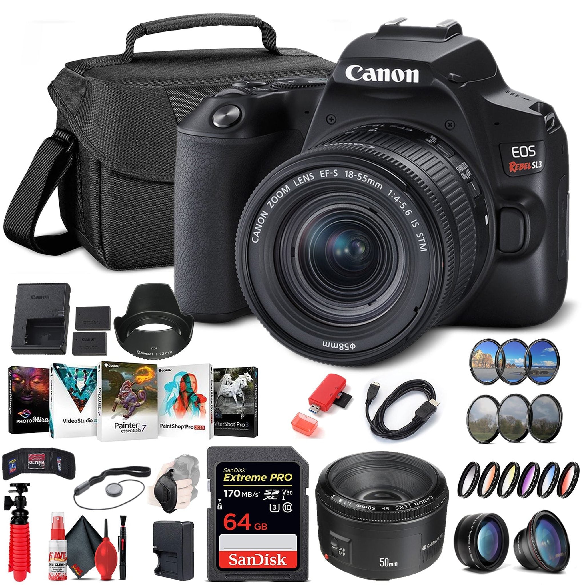 Canon EOS Rebel SL3 DSLR Camera with 18-55mm Lens Black 3453C002 + Canon EF - Reconditioned Canon