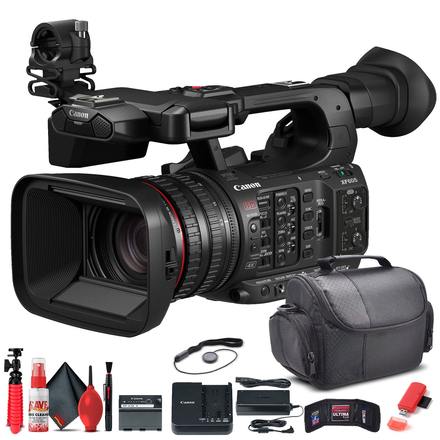 Canon XF605 UHD 4K HDR Pro Camcorder (5076C002) + Bag + Card Reader + More Bundle