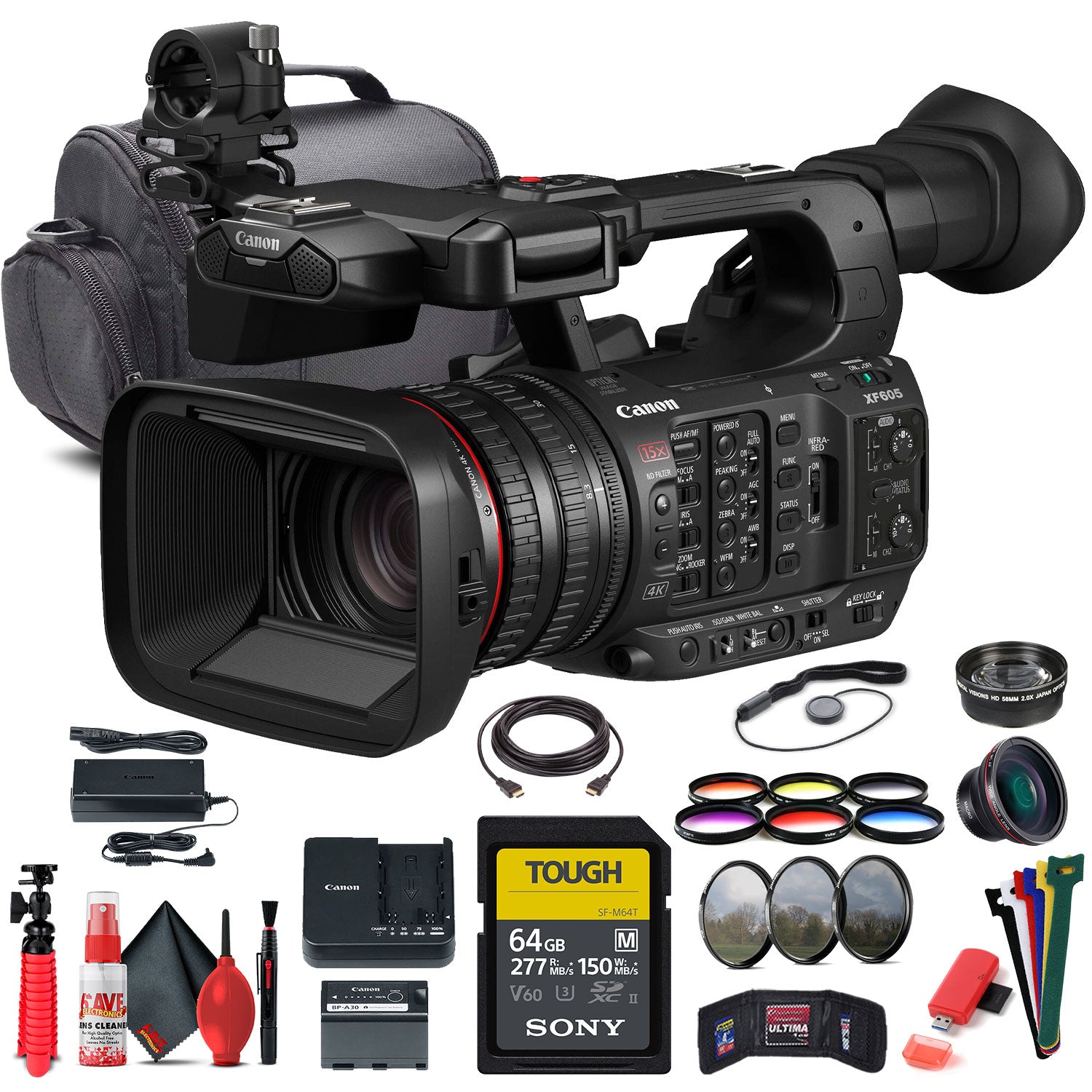 Canon XF605 UHD 4K HDR Pro Camcorder 5076C002 + BP-A60 Battery + More Bundle