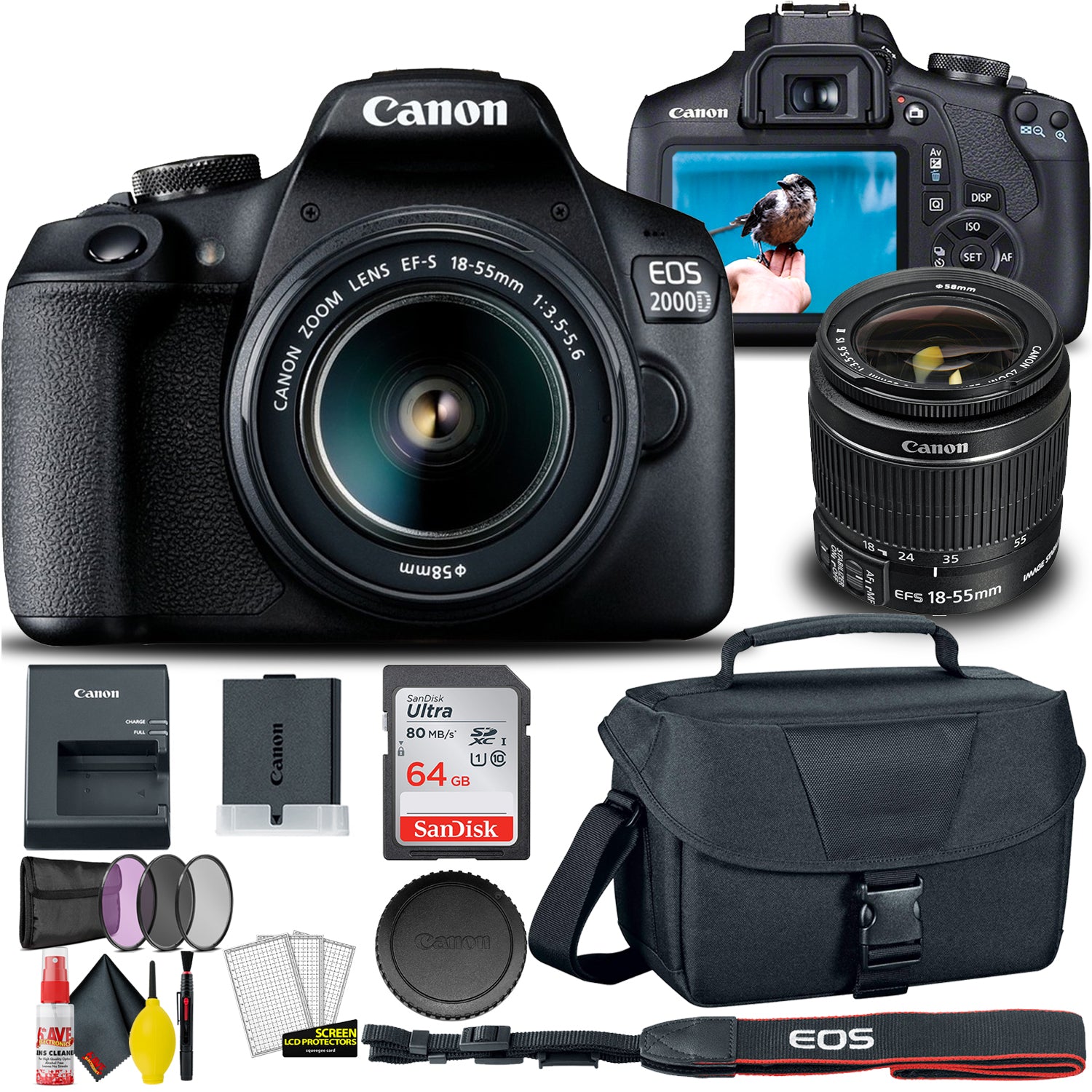 Canon EOS 2000D / Rebel T7 DSLR Camera + 18-55mm Lens, 58mm Filters Pro Bundle