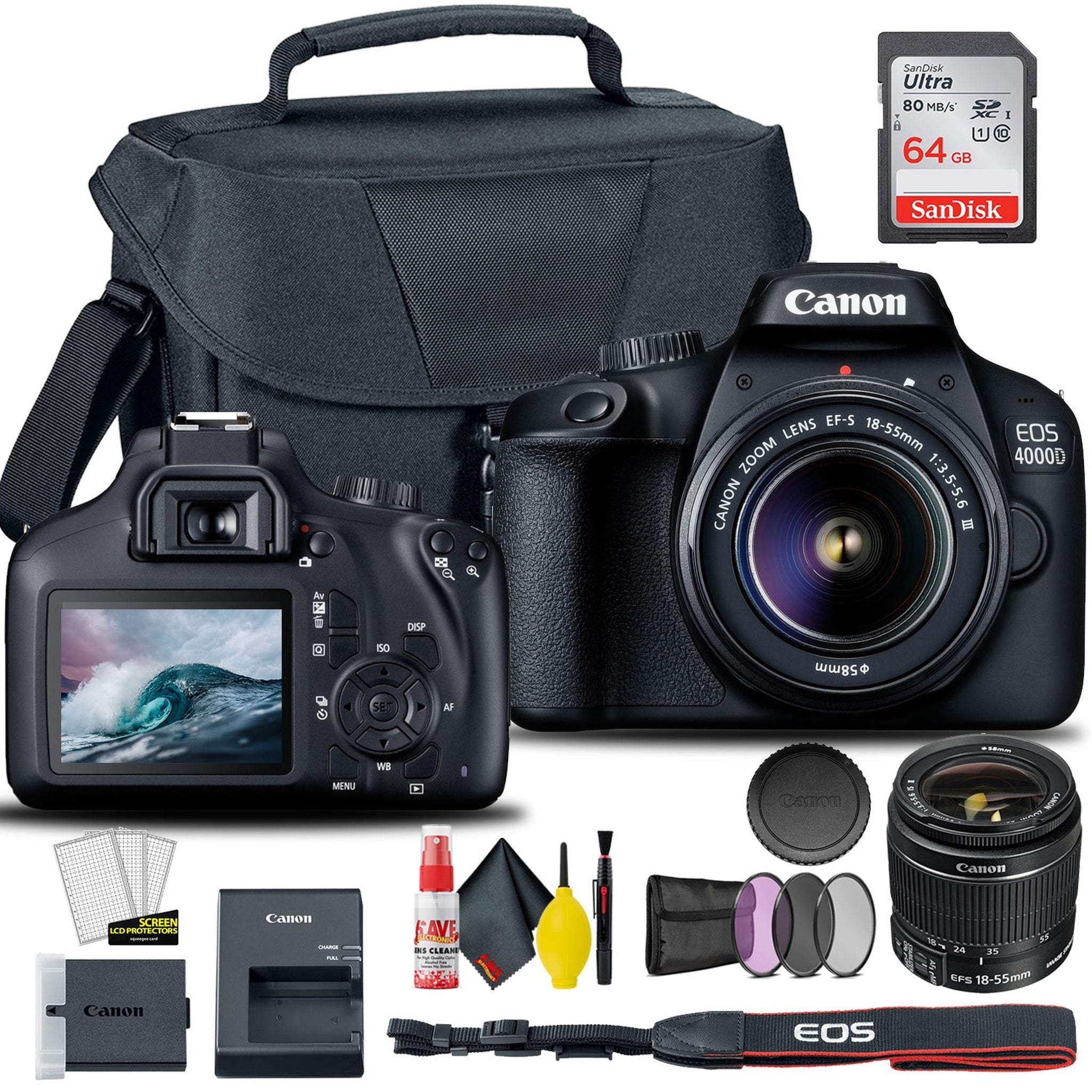 Canon EOS 4000D / Rebel T100 DSLR Camera with 18-55mm Lens + Creative Filter Set, EOS Camera Bag + Sandisk Ultra 64GB Card + Electronics Cleaning Set, And More International Model - Used Canon