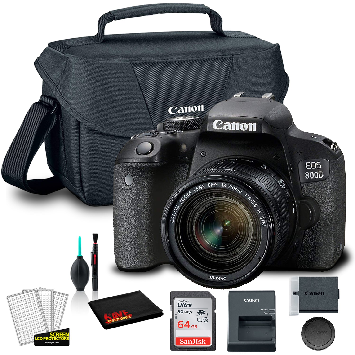 Canon EOS 800D DSLR Camera with 18-55mm Lens (1894C002AA) +  EOS Bag +  Sandisk Ultra 64GB Card + Clean and Care Kit (International Model)