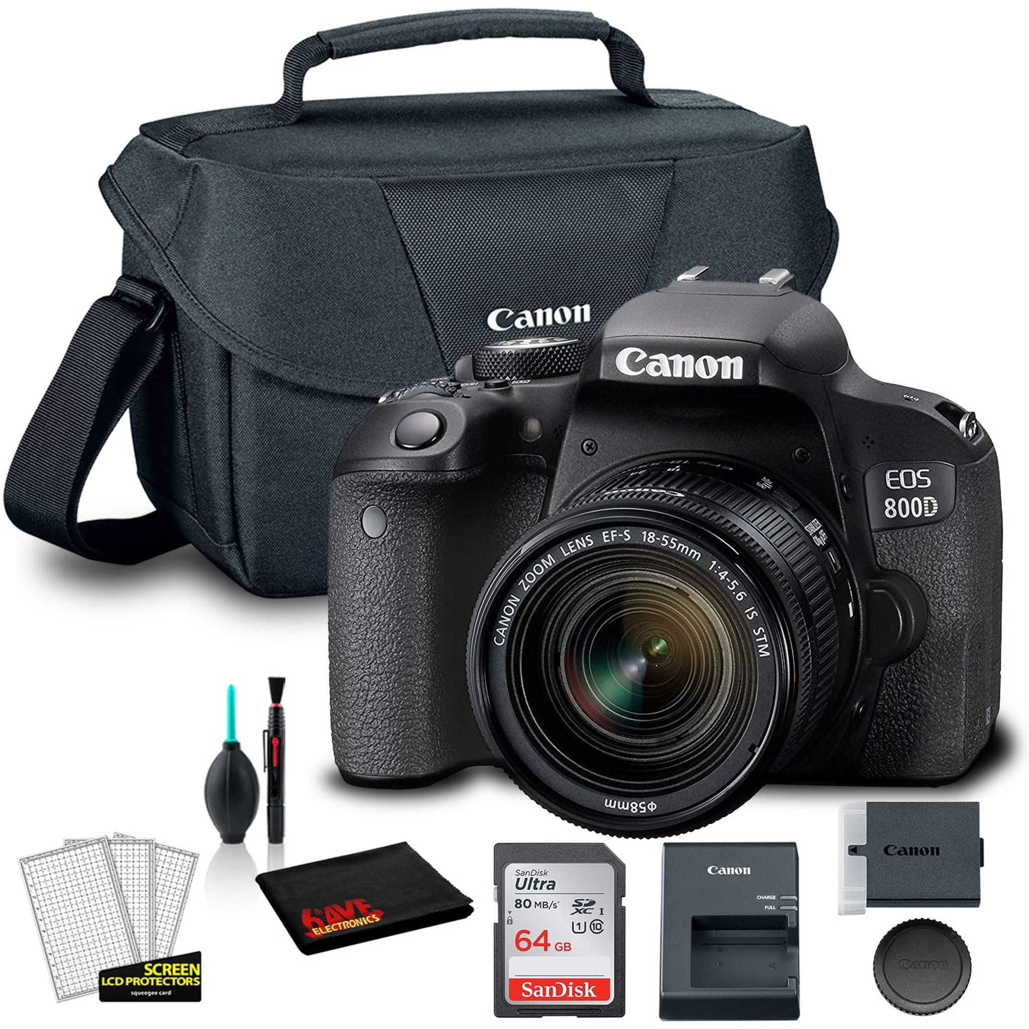 Canon EOS 800D DSLR Camera with 18-55mm Lens 1894C002AA + EOS Bag + Sandisk Ultra 64GB Card + Clean and Care Kit International Model Canon