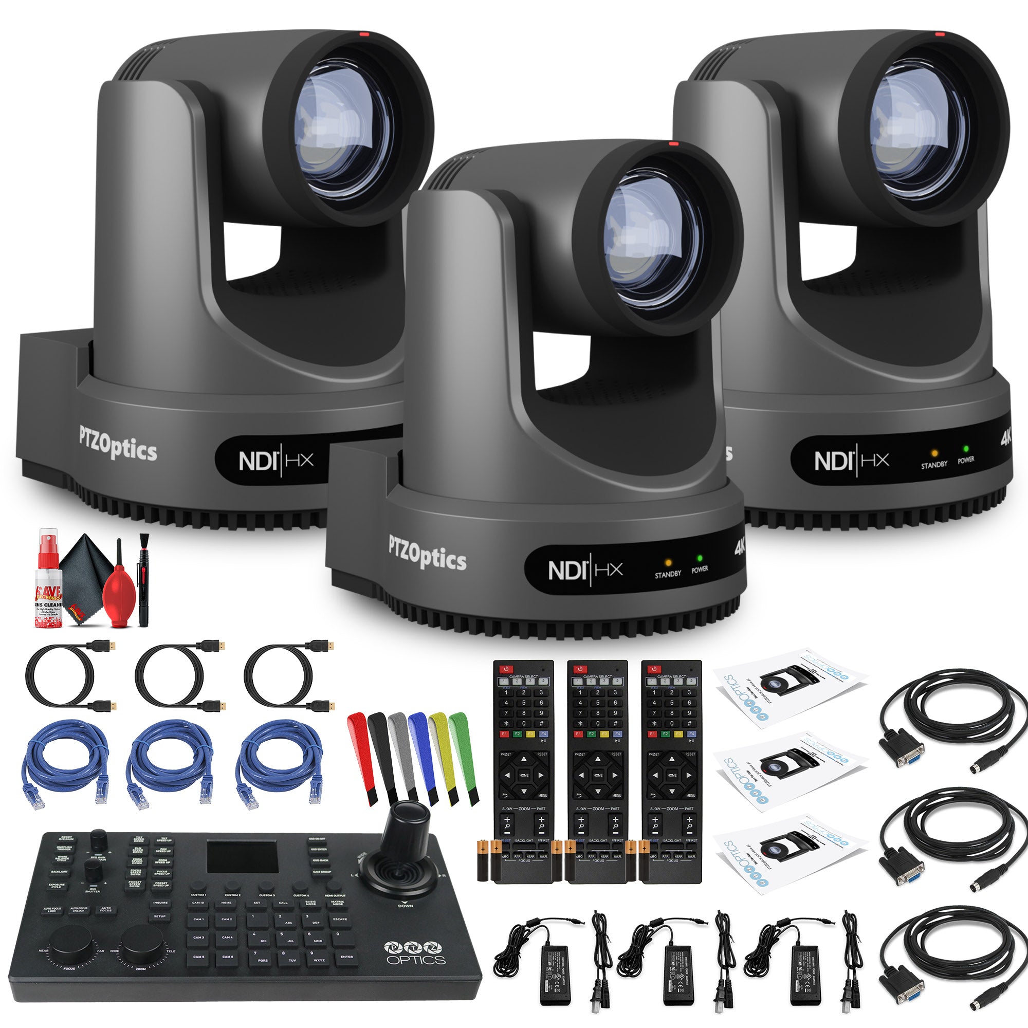 3 x PTZOptics Move 4K PTZ Camera with 20x Zoom Gray PT20X-4K-GY-G3 + SuperJoy PTZ Controller