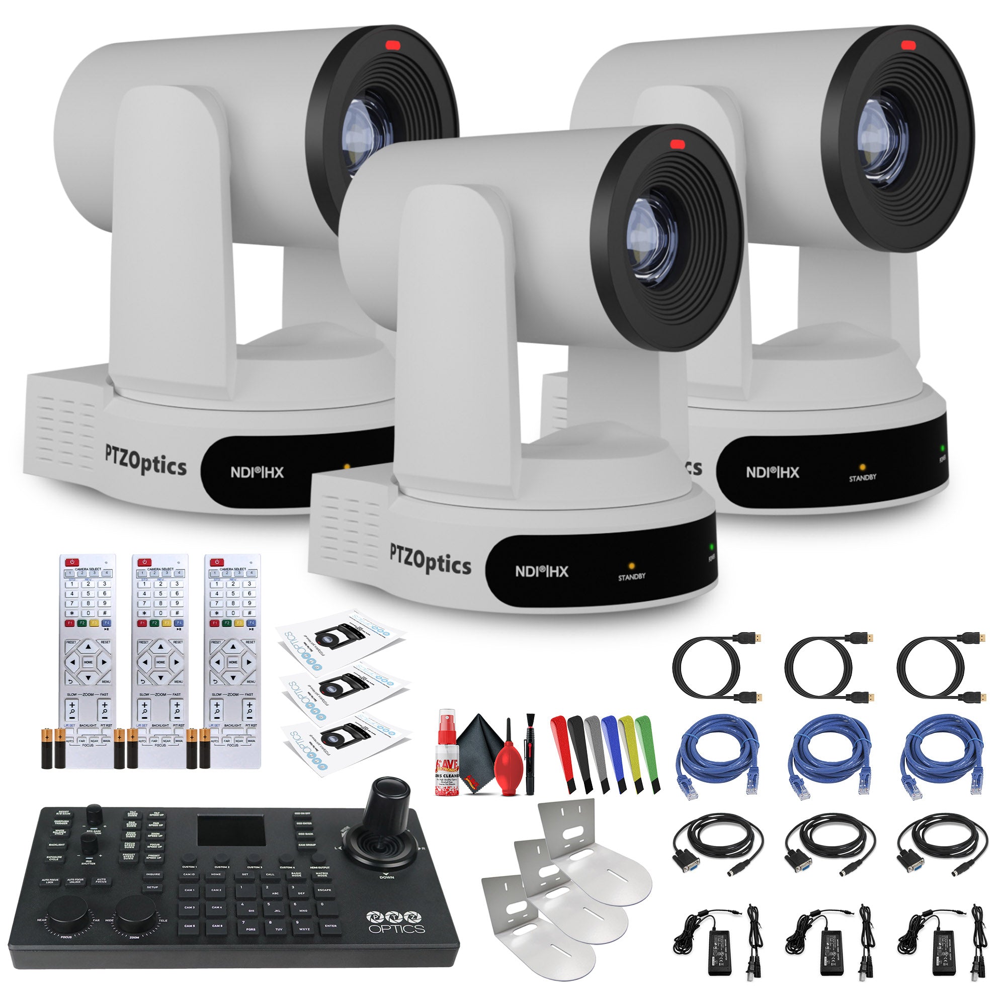 3 x PTZOptics Move 4K PTZ Camera with 30x Zoom White PT30X-4K-WH-G3 + SuperJoy PTZ Controller + 3 x Wall Mount