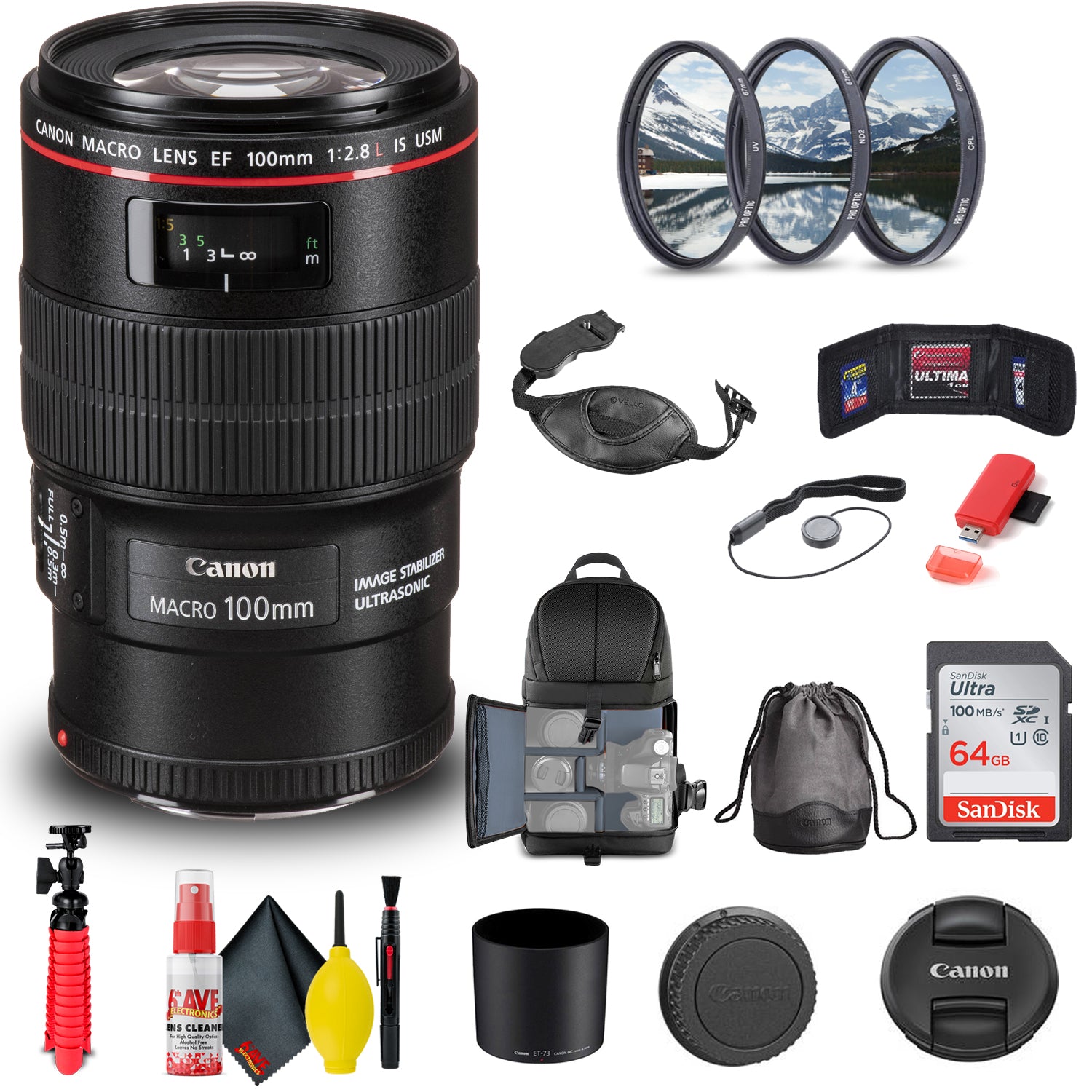 Canon EF 100mm f/2.8L Macro IS USM Lens (3554B002) + Filter Kit + More