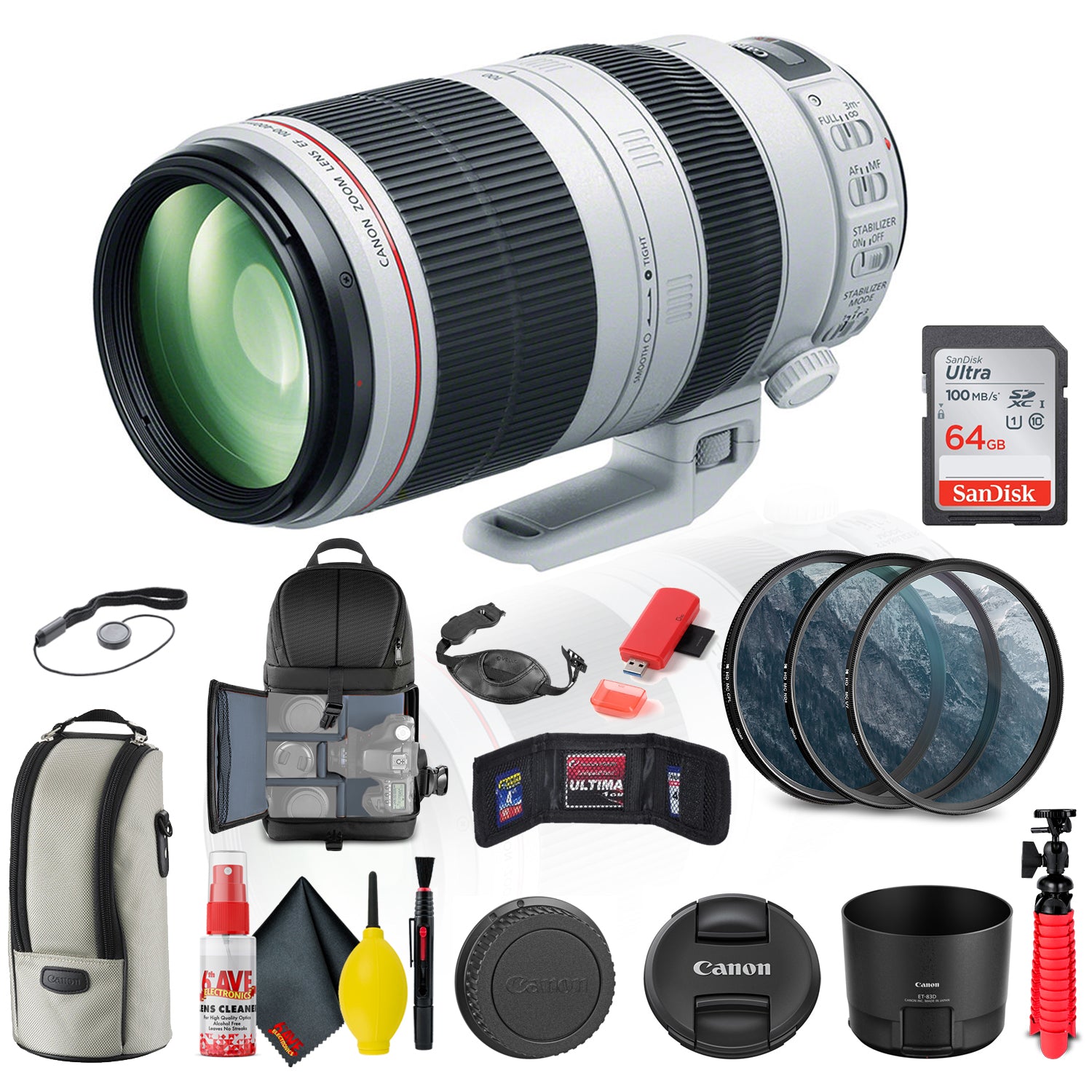 Canon EF 100-400mm f/4.5-5.6L IS II USM Lens (9524B002) + Filter Kit + More