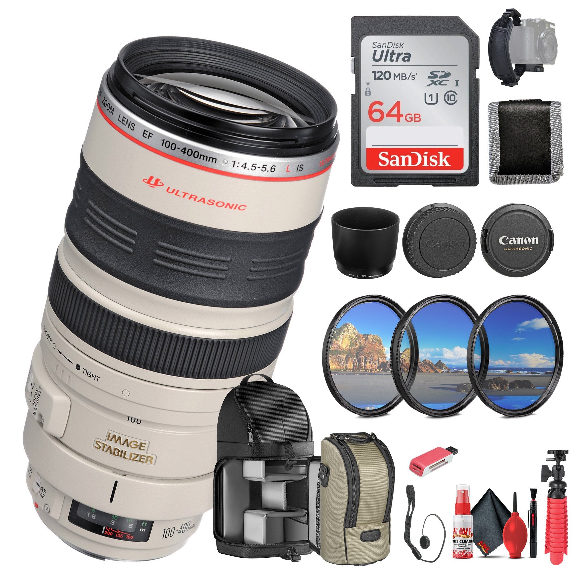 Canon EF 100-400mm f/4.5-5.6L IS USM Lens (2577A002) + 64GB Memory Card - Bundle