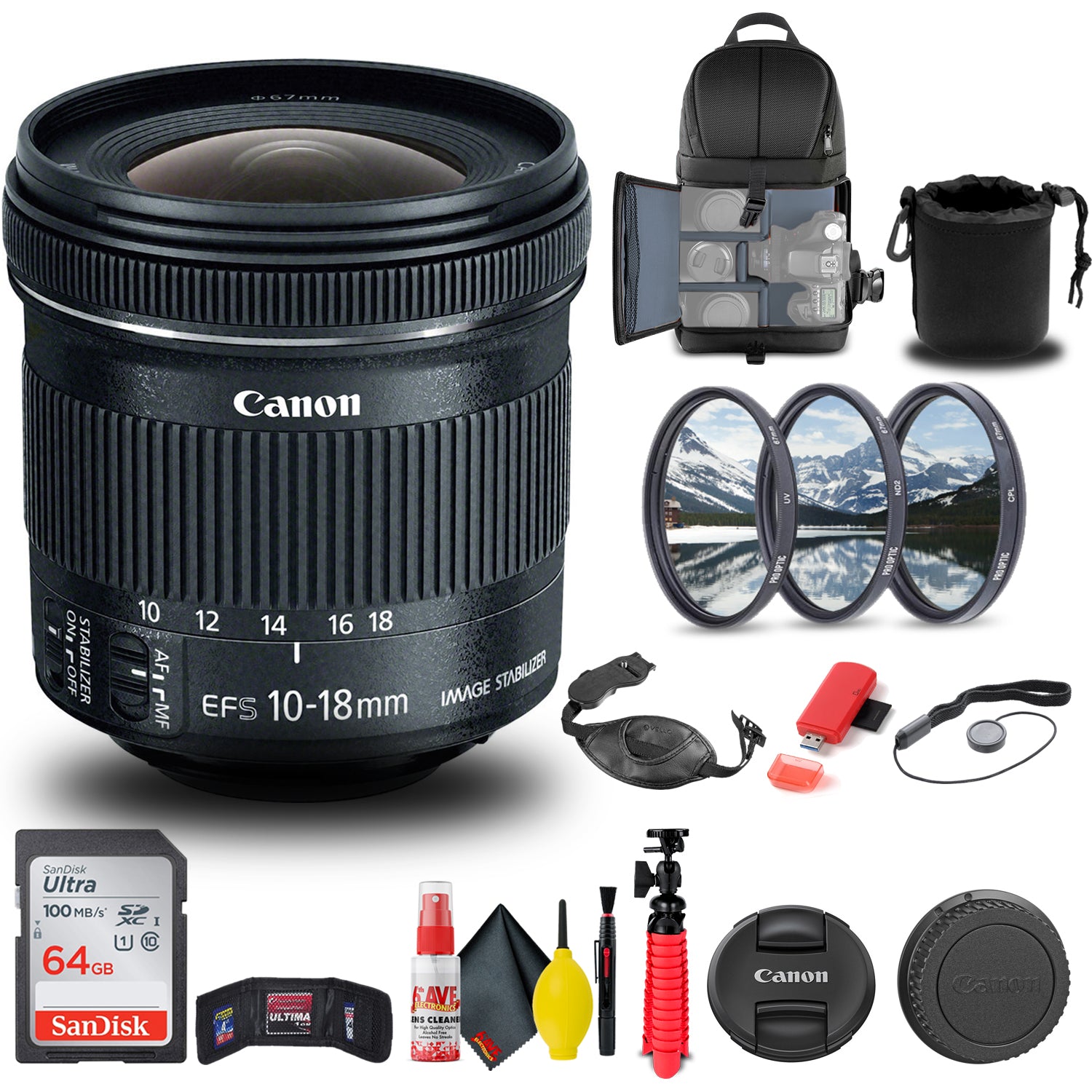 Canon EF-S 10-18mm f/4.5-5.6 IS STM Lens (9519B002) + Filter + BackPack + More