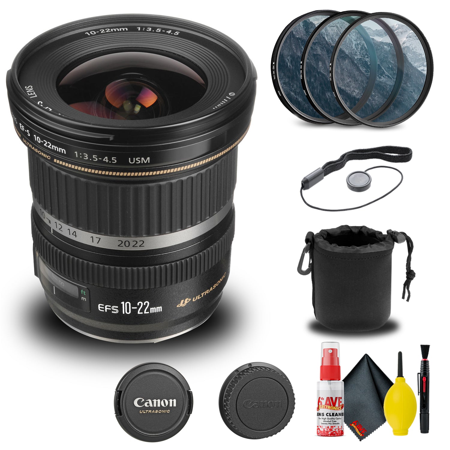 Canon EF-S 10-22mm f/3.5-4.5 USM Lens (9518A002) + Filter + Lens Pouch + More