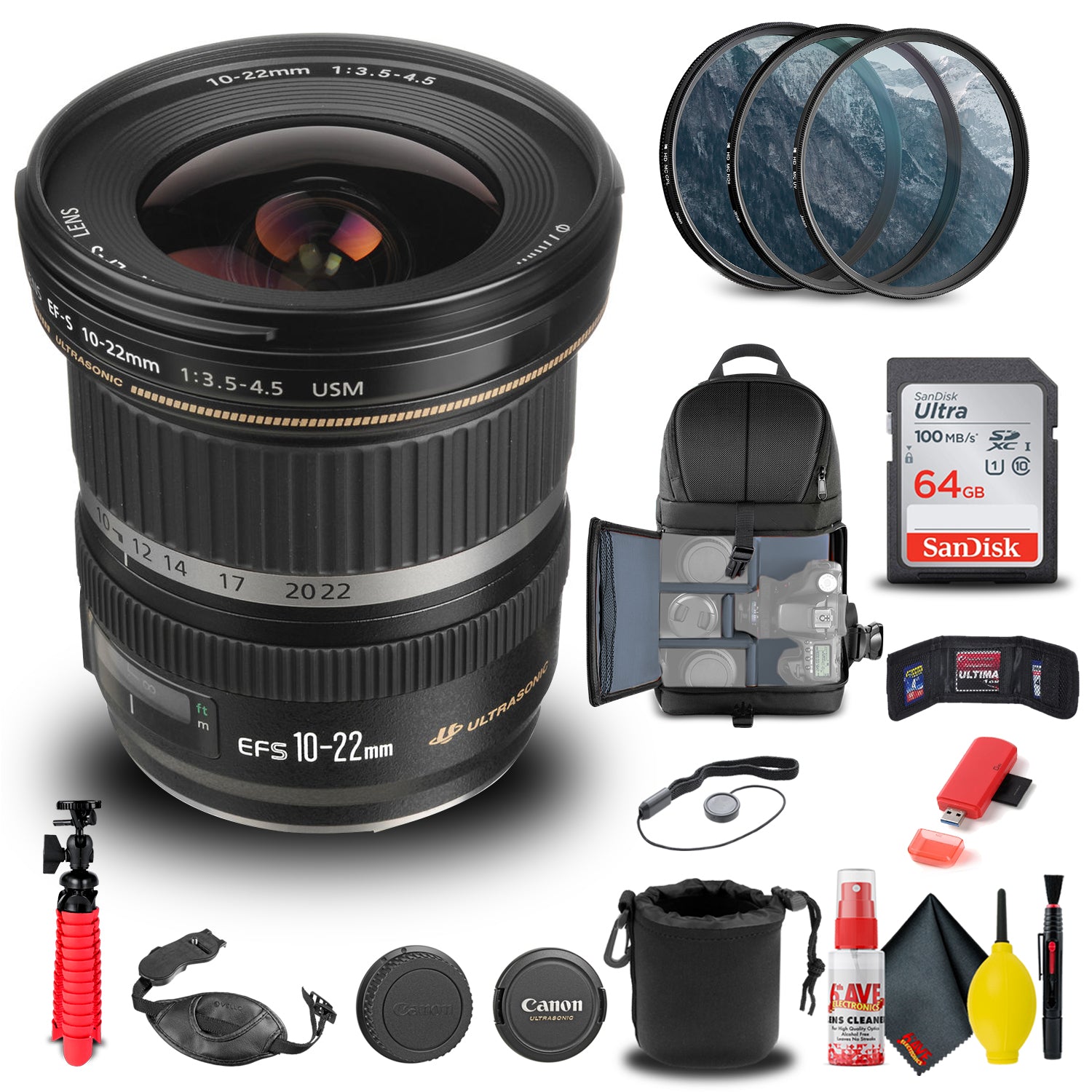 Canon EF-S 10-22mm f/3.5-4.5 USM Lens (9518A002) + Filter Kit + BackPack + More