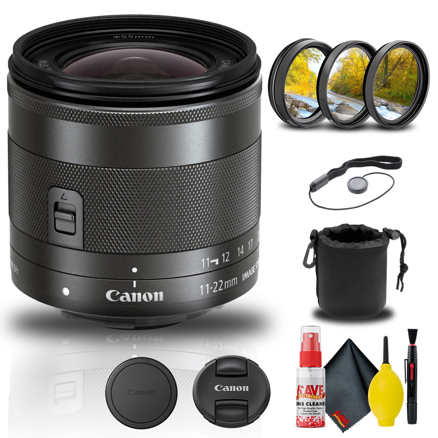Canon EF-M 11-22mm f/4-5.6 IS STM Lens (7568B002) + Filter + Lens Pouch Base Bundle