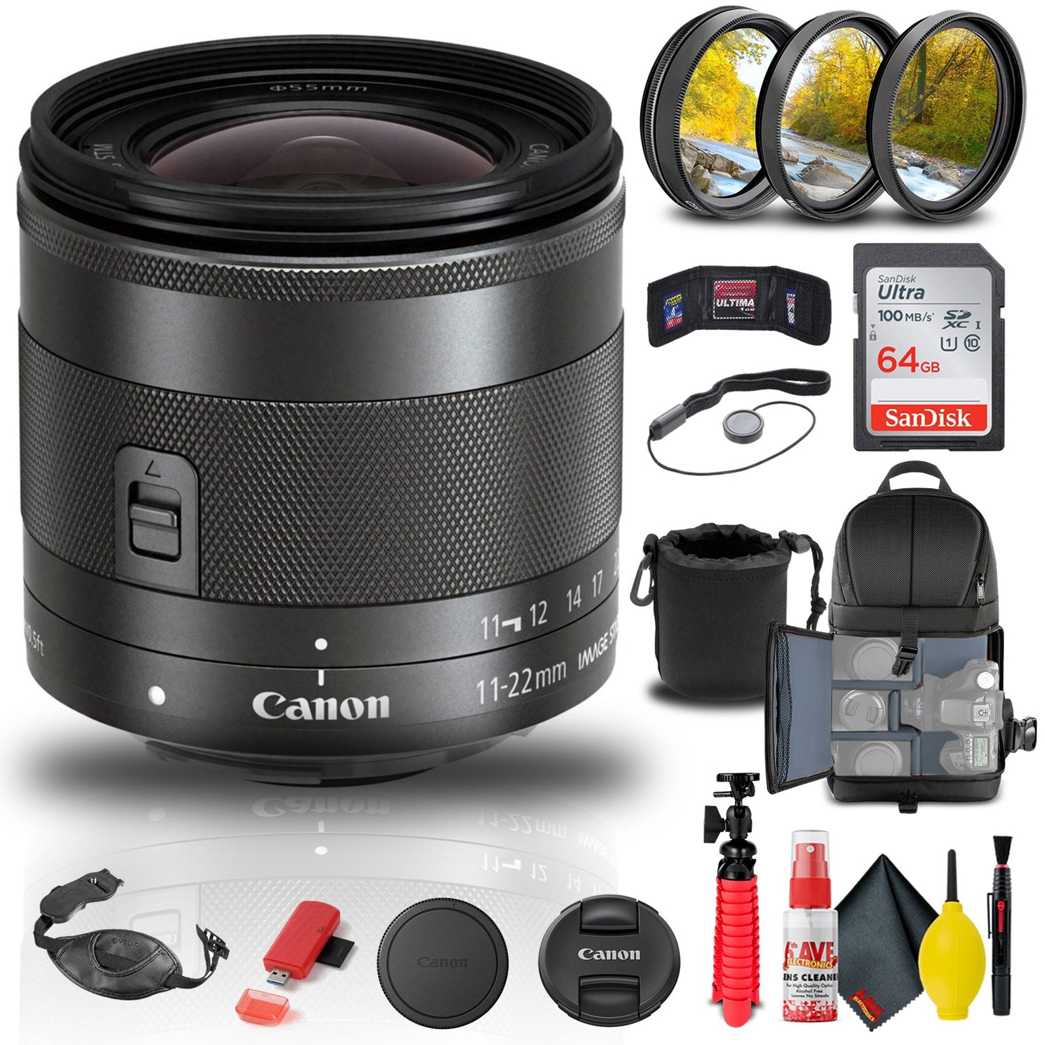 Canon EF-M 11-22mm f/4-5.6 IS STM Lens 7568B002 + Filter Kit + BackPack + More - Reconditioned Canon