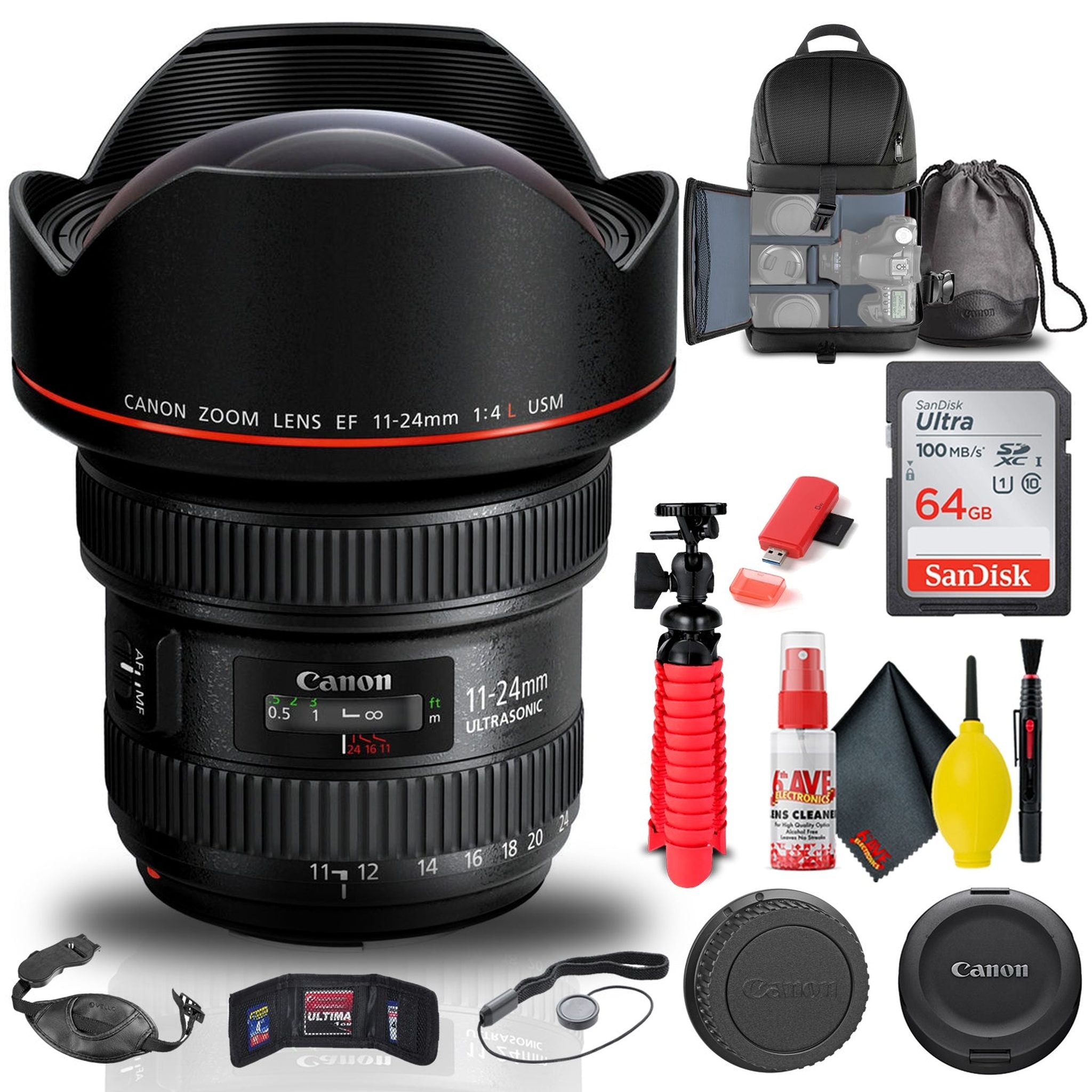 Canon EF 11-24mm f/4L USM Lens 9520B002 + BackPack + 64GB Card + More - Reconditioned Canon