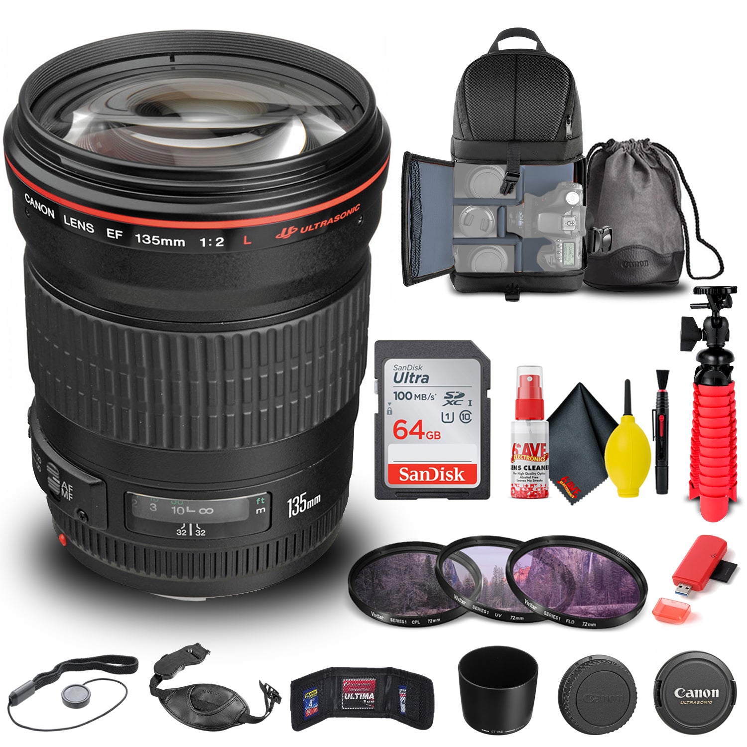 Canon EF 135mm f/2L USM Lens (2520A004) + Filter + BackPack + 64GB Card + More