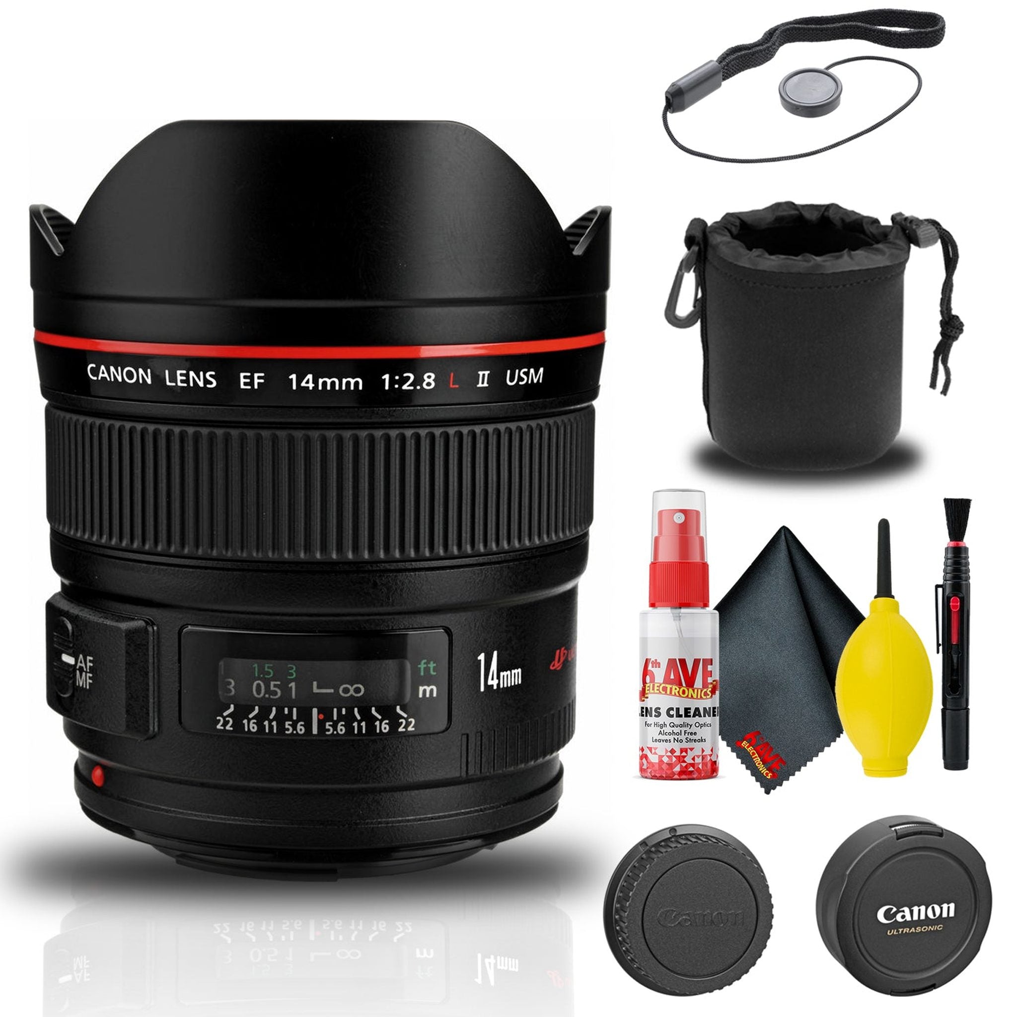 Canon EF 14mm f/2.8L II USM Lens 2045B002 + Lens Pouch + Cap Keeper + More - Reconditioned Canon