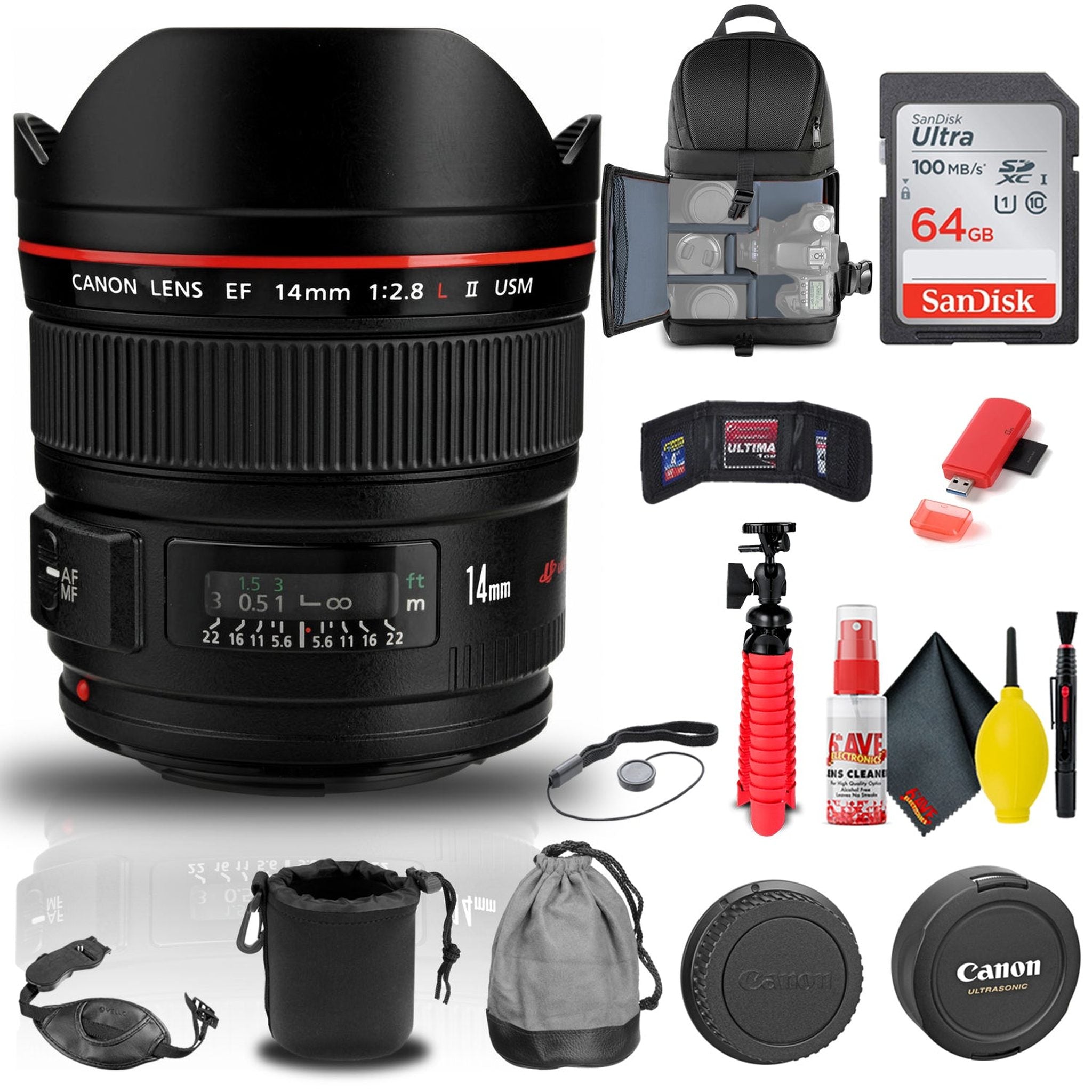 Canon EF 14mm f/2.8L II USM Lens 2045B002 + BackPack + 64GB Card + More - Reconditioned Canon