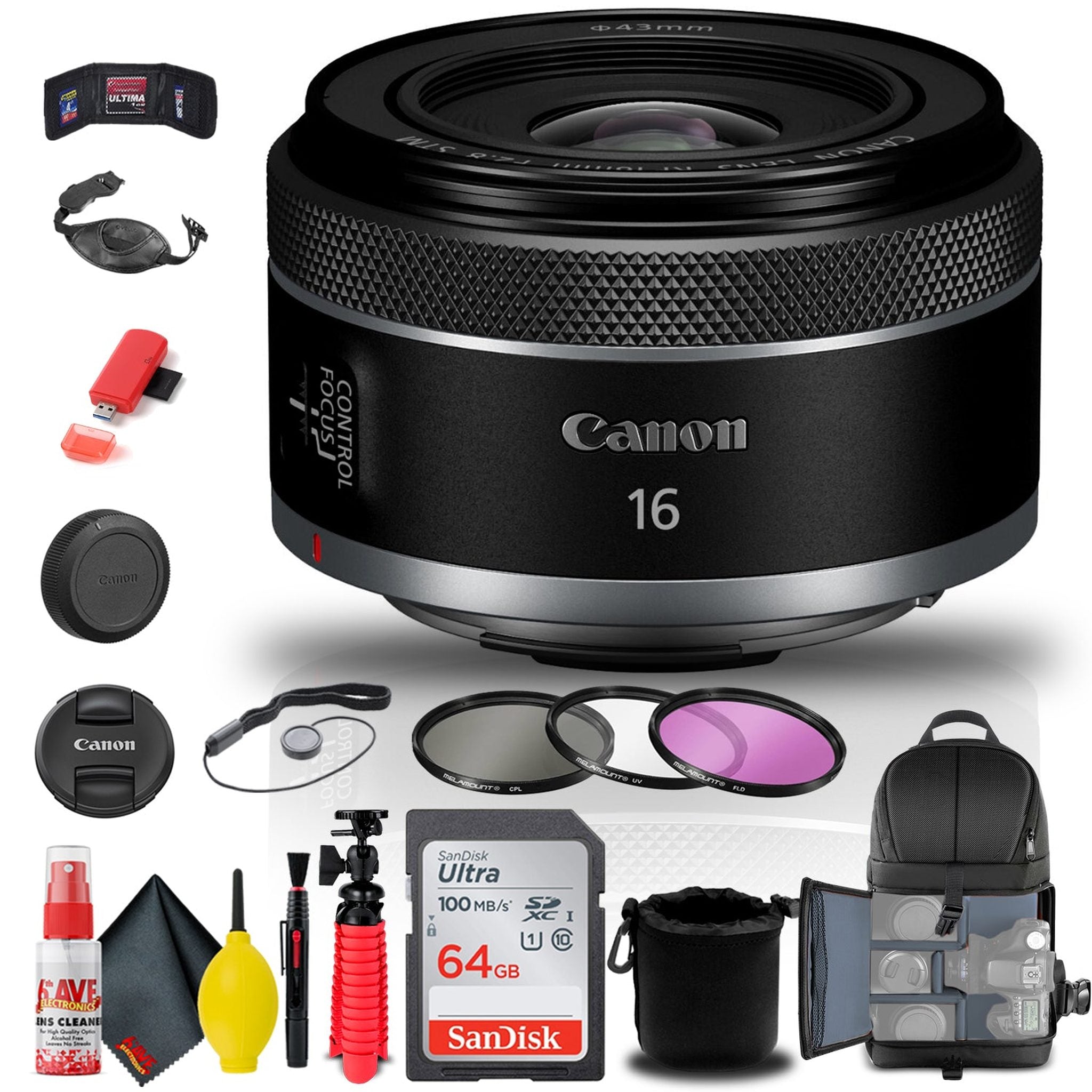 Canon RF 16mm f/2.8 STM Lens 5051C002 + Filter + BackPack + 64GB Card + More - Reconditioned Canon