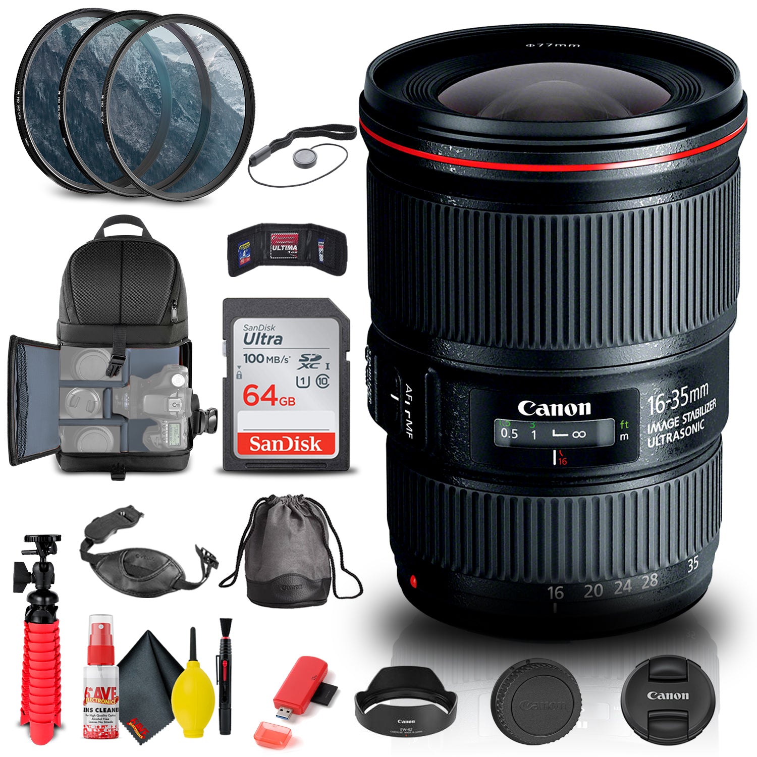 Canon EF 16-35mm f/4L IS USM Lens (9518B002) + Filter + BackPack + 64GB + More