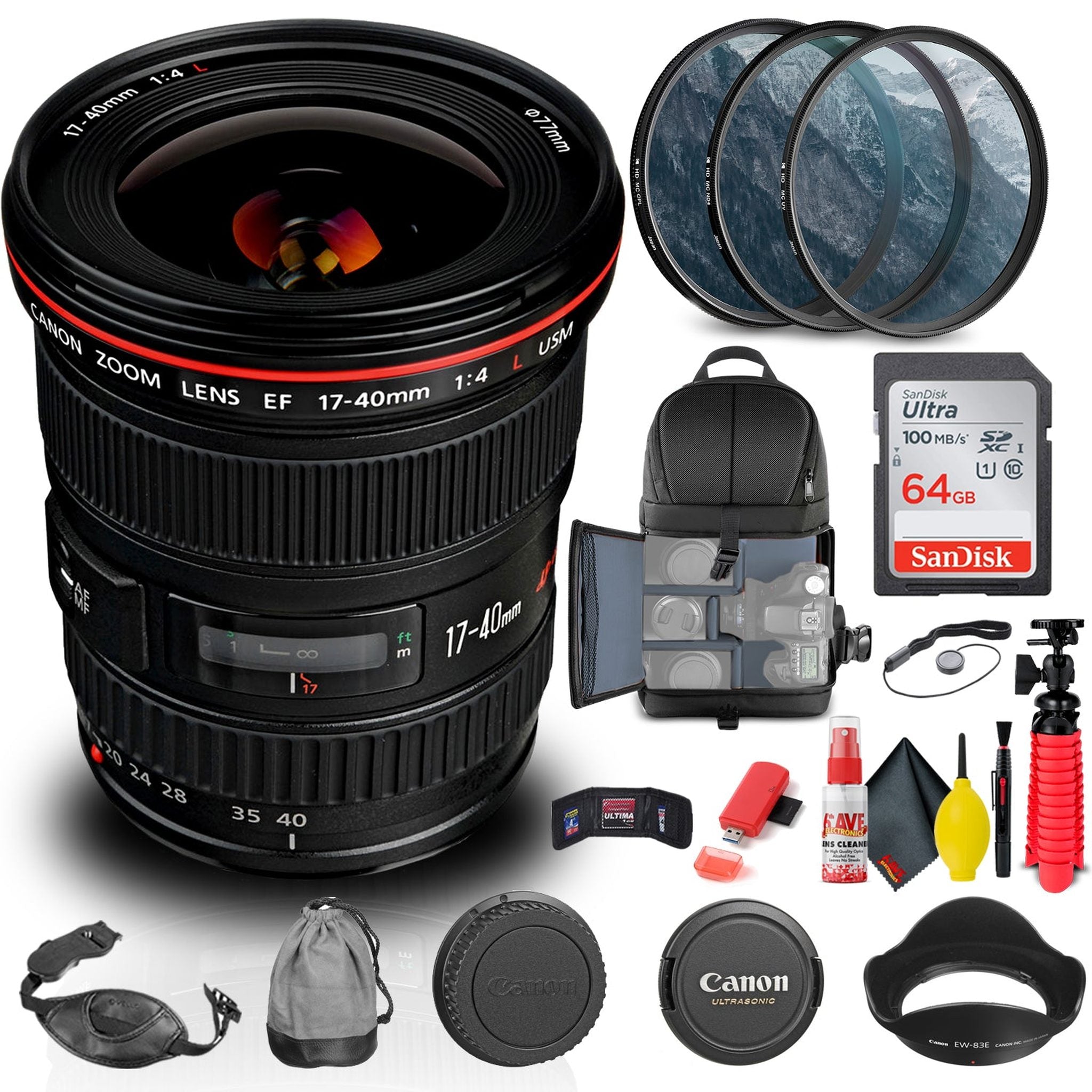 Canon EF 17-40mm f/4L USM Lens 8806A002 + Filter + BackPack + 64GB Card + More Canon