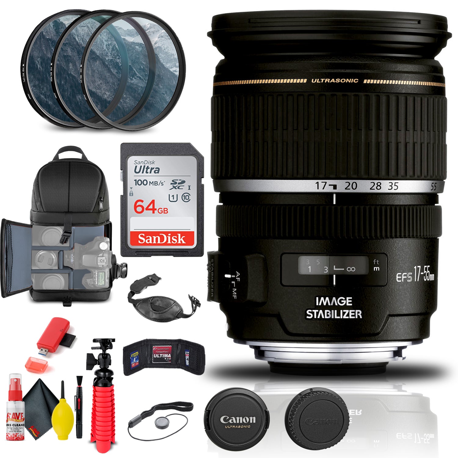 Canon EF-S 17-55mm f/2.8 IS USM Lens (1242B002) + Filter Kit + BackPack + More