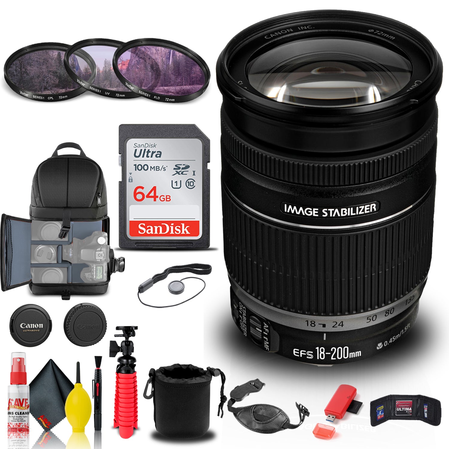 Canon EF-S 18-200mm f/3.5-5.6 IS Lens (2752B002) + Filter Kit + BackPack + More