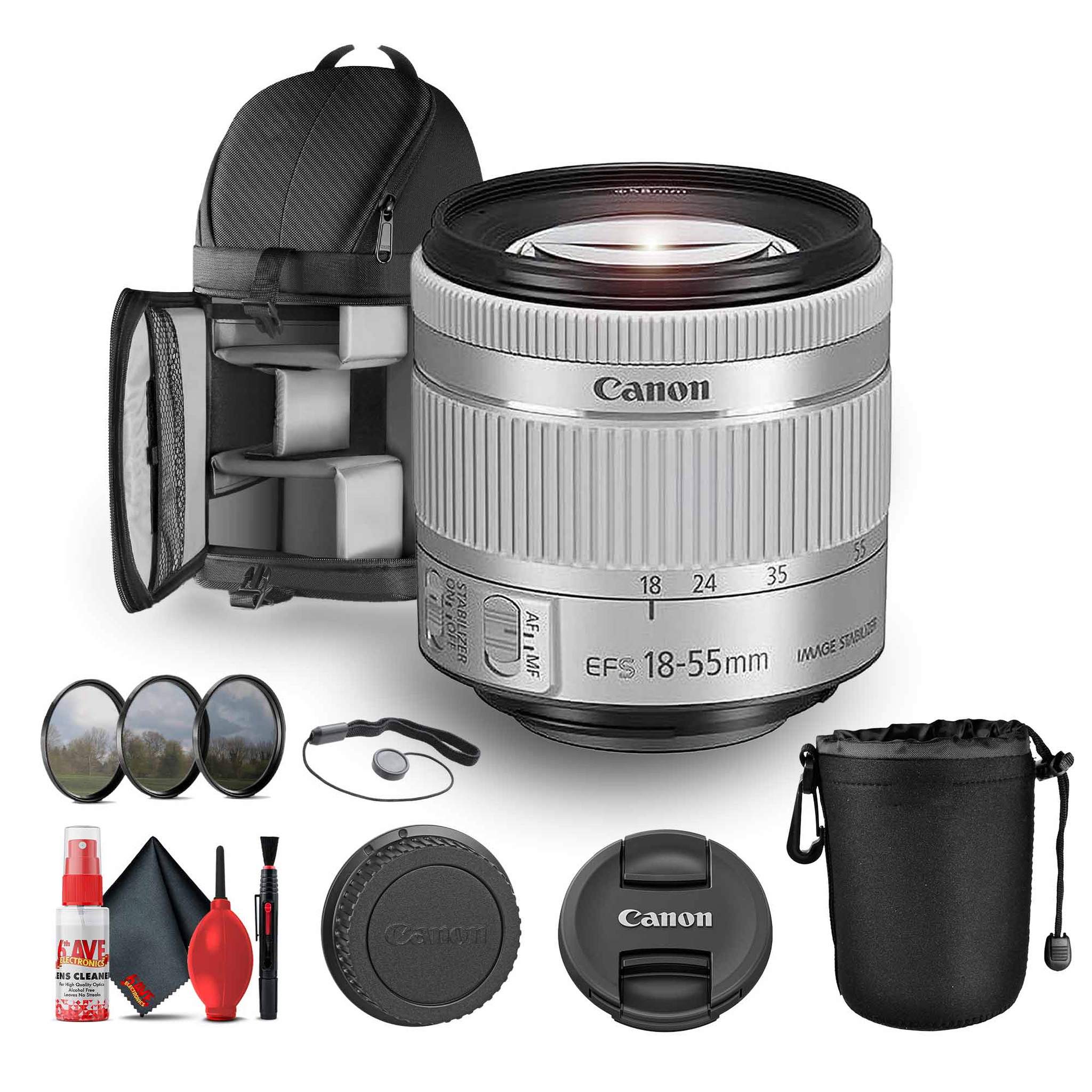 Canon EF-S 18-55mm f/4-5.6 IS STM Lens Silver 1620C002 + Lens Pouch + Filter Kit + More Canon