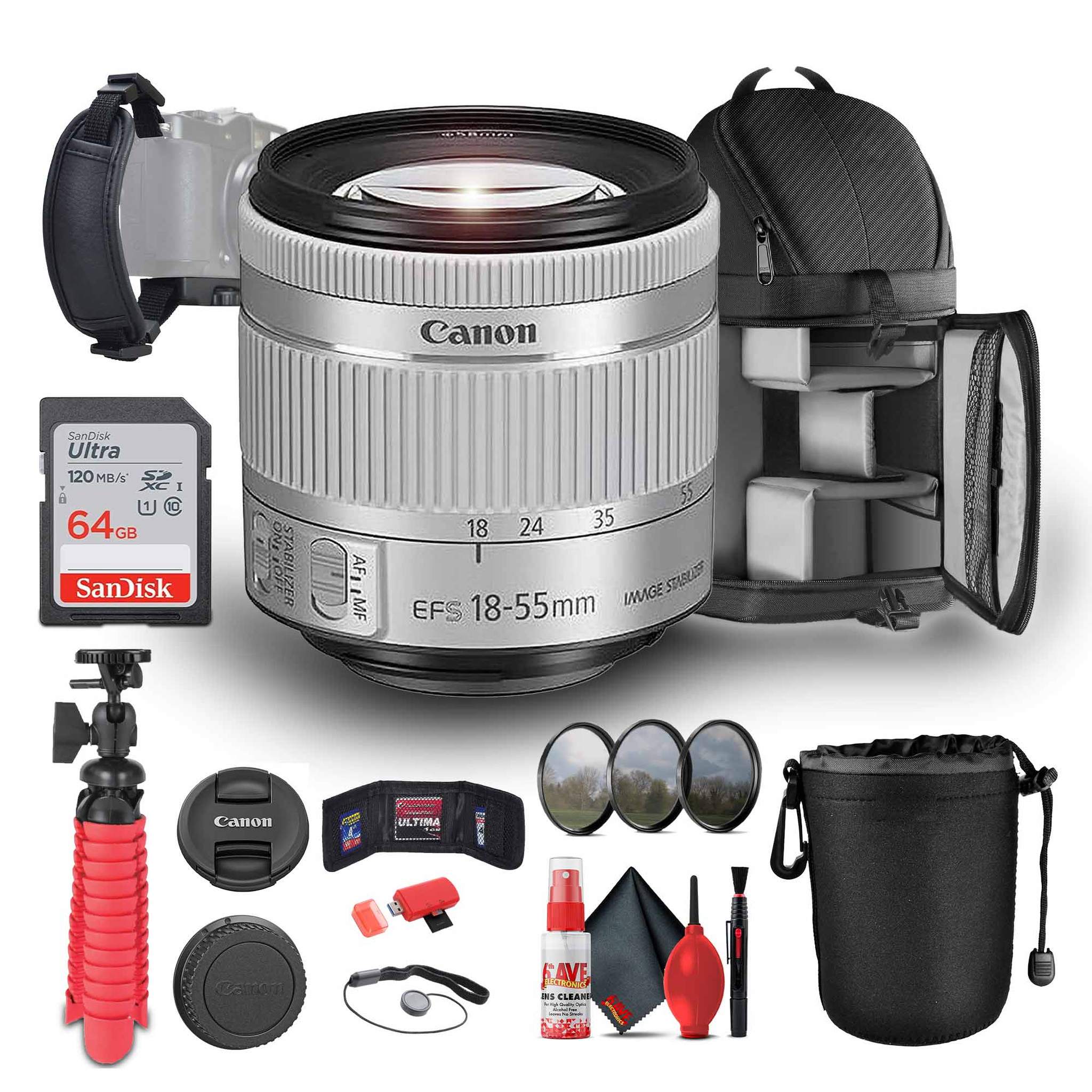 Canon EF-S 18-55mm f/4-5.6 IS STM Lens Silver 1620C002 + 64GB Memory Card + More Canon