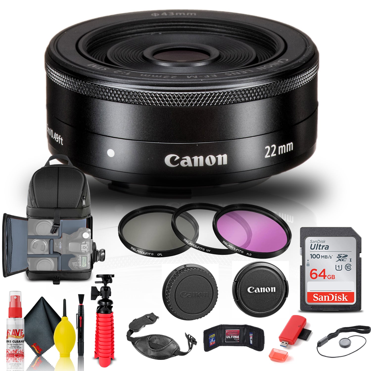 Canon EF-M 22mm f/2 STM Lens (5985B002) + Filter + BackPack + 64GB Card + More