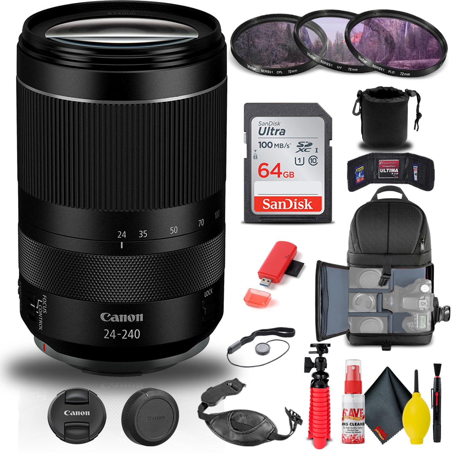 Canon RF 24-240mm f/4-6.3 IS USM Lens (3684C002) + Filter Kit + BackPack + More