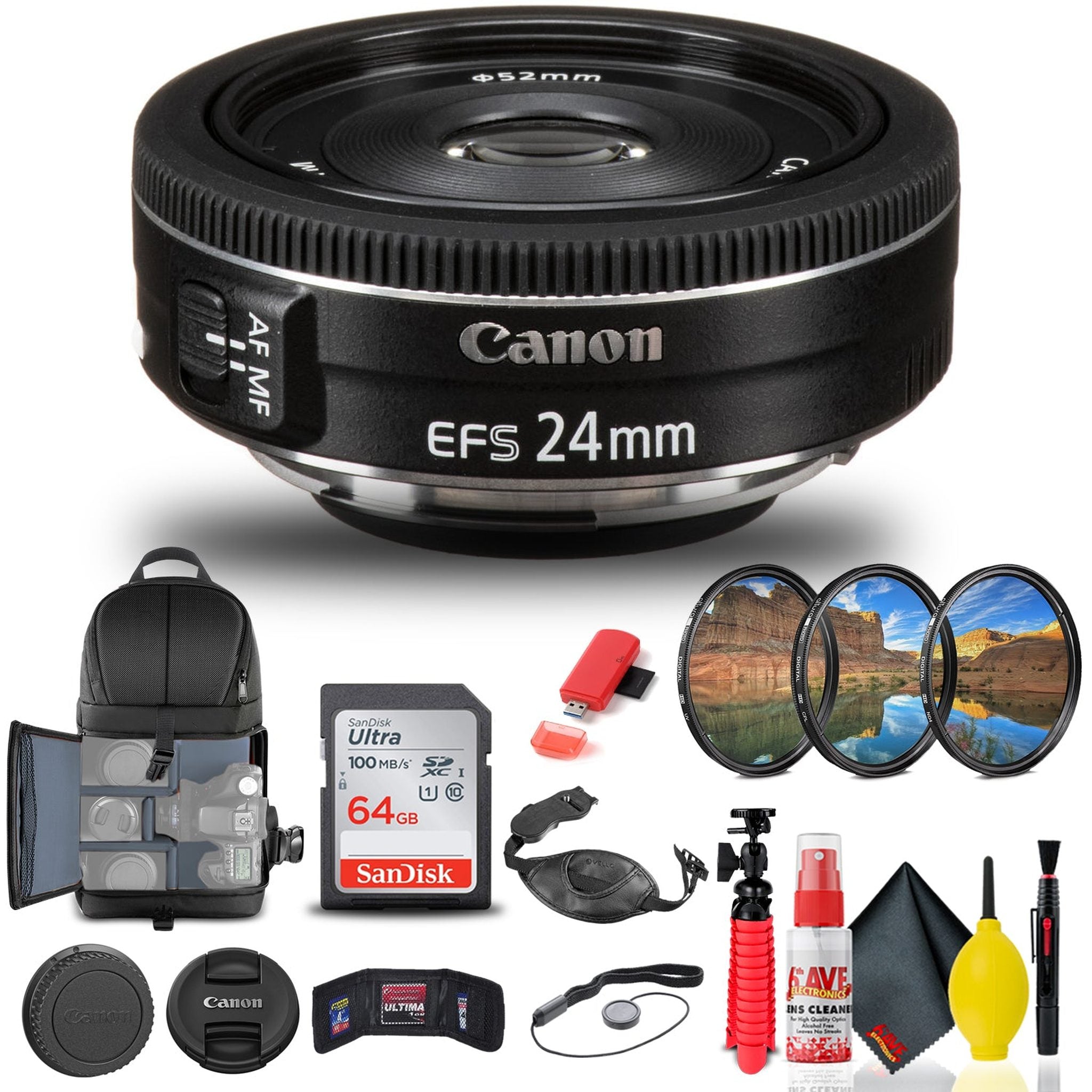 Canon EF-S 24mm f/2.8 STM Lens 9522B002 + Filter + BackPack + 64GB Card + More Canon