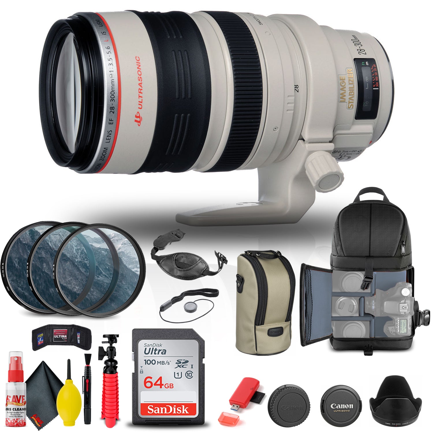 Canon EF 28-300mm f/3.5-5.6L IS USM Lens (9322A002) + Filter Kit + Pro Sling  Backpack Bundle