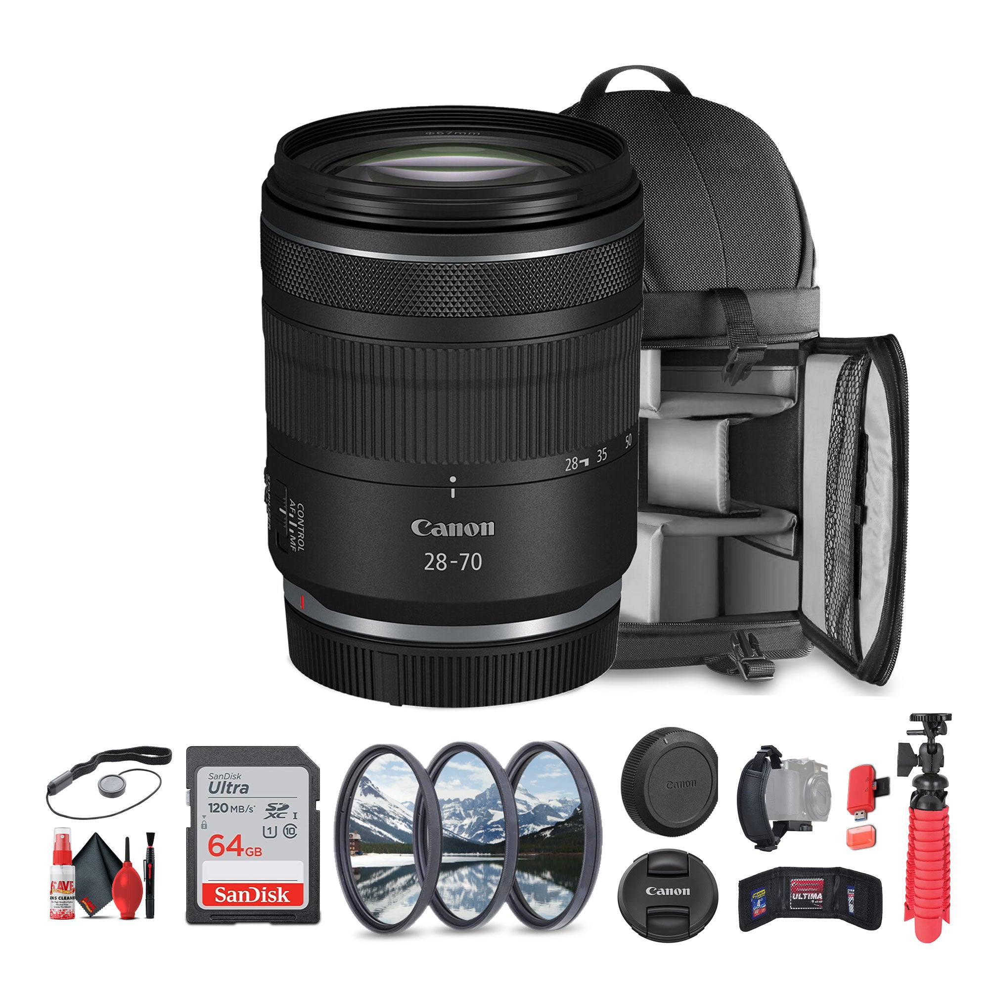 Canon RF 28-70mm f/2.8 IS STM Lens (Canon RF) + Sling Backpack + 64GB Memory Card + More