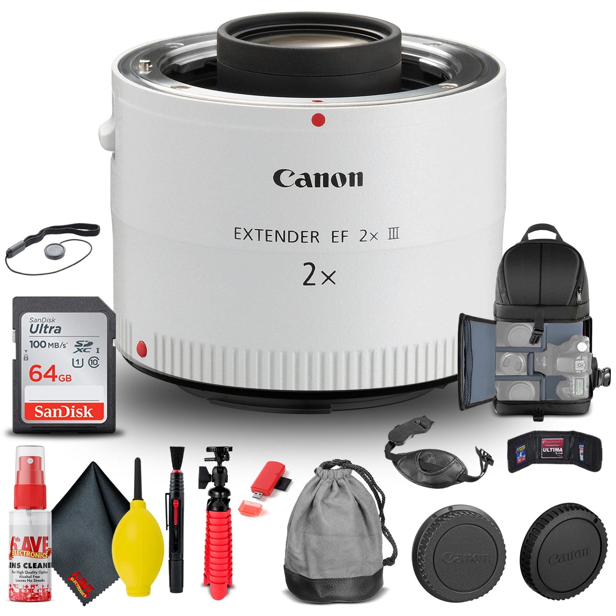 Canon Extender EF 2X III 4410B002 + BackPack + 64GB Card + Card Reader + More - Reconditioned Canon