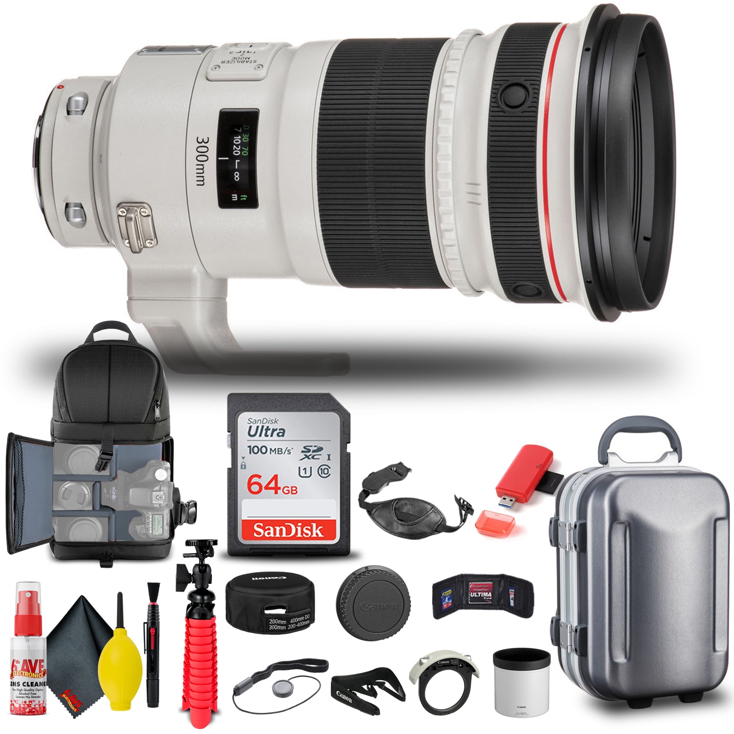 Canon EF 300mm f/2.8L IS II USM Lens (4411B002) + BackPack + 64GB Card + More