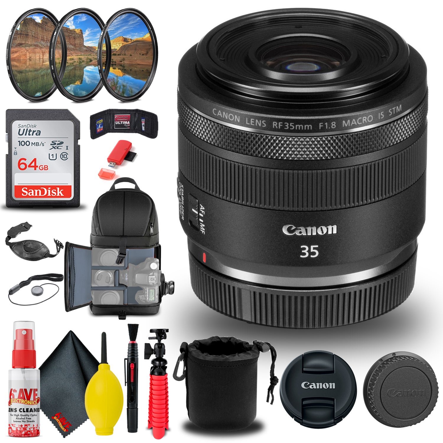 Canon RF 35mm f/1.8 IS Macro STM Lens (2973C002) + Filter Kit + BackPack + More