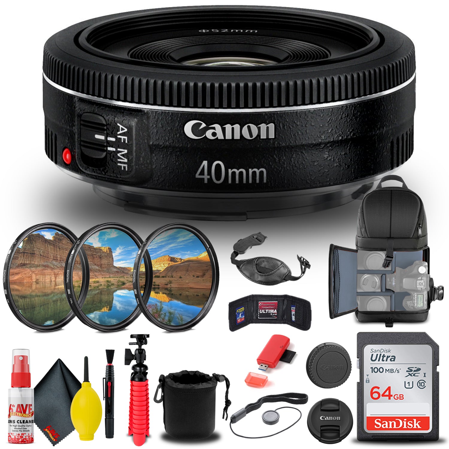 Canon EF 40mm f/2.8 STM Lens (6310B002) + Filter + BackPack + 64GB Card + More