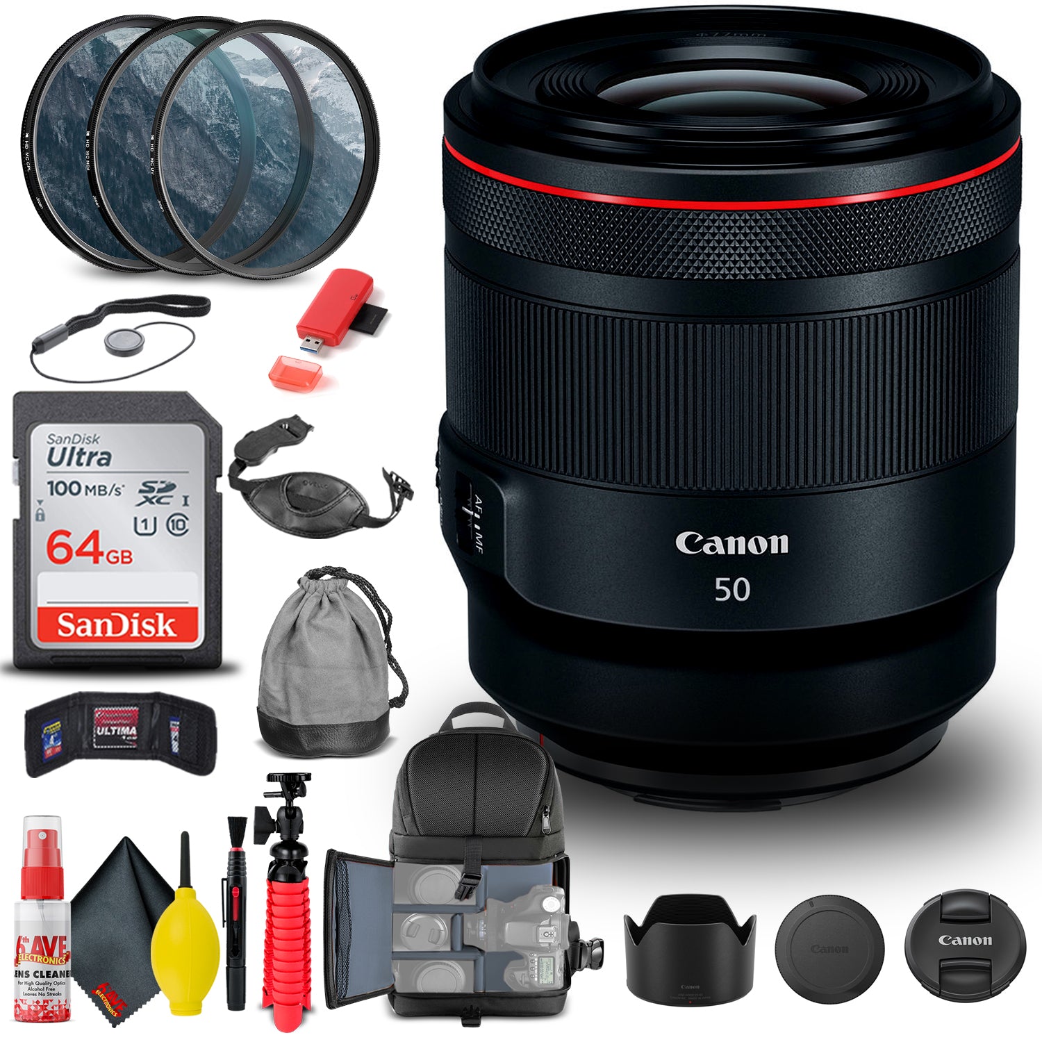 Canon RF 50mm f/1.2L USM Lens (2959C002) + Filter + BackPack + 64GB Card + More