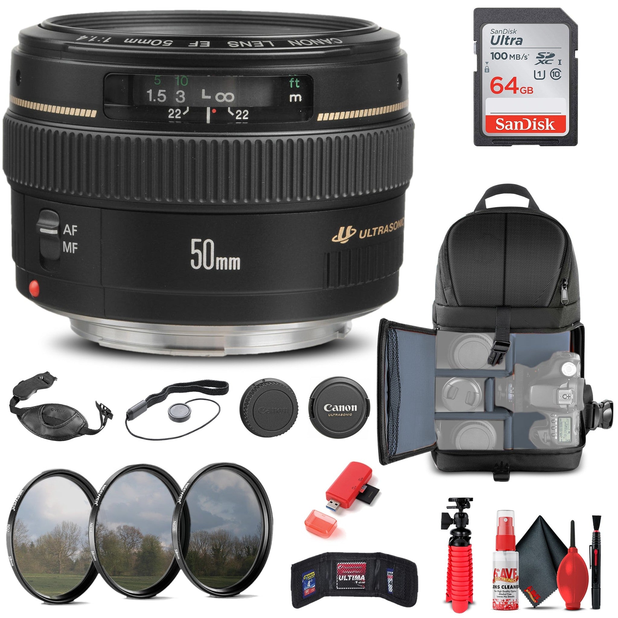 Canon EF 50mm f/1.4 USM Lens 2515A003 + Filter + BackPack + 64GB Card + More - Reconditioned Canon