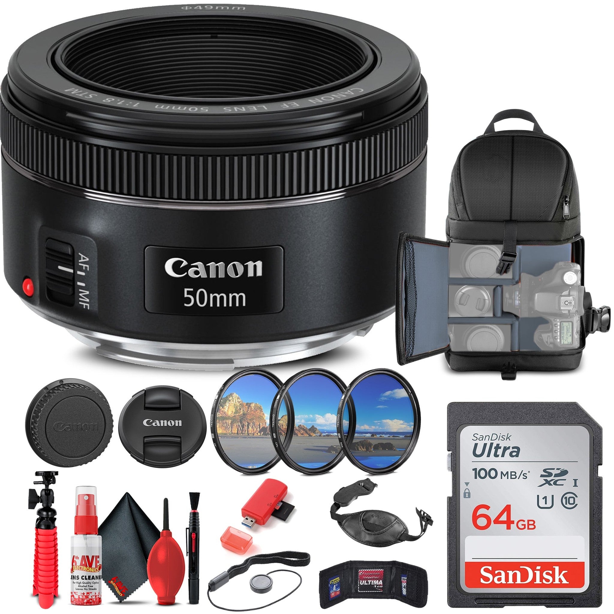 Canon EF 50mm f/1.8 STM Lens 0570C002 + Filter + BackPack + 64GB Card + More - Reconditioned Canon