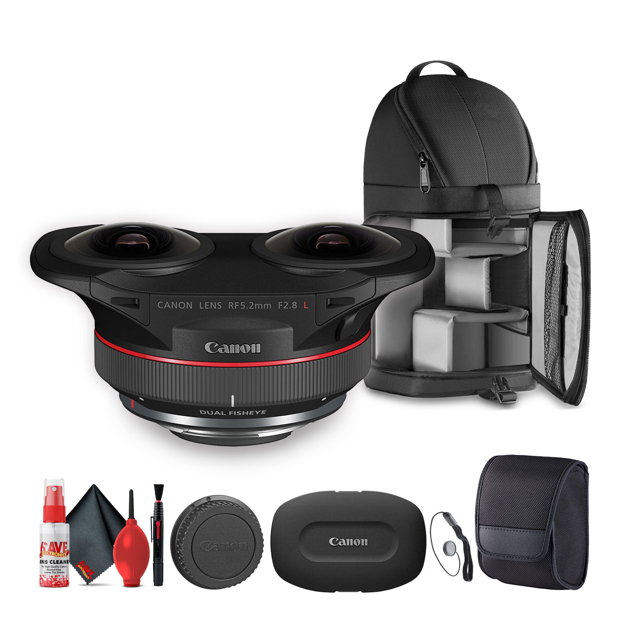Canon RF 5.2mm f/2.8 L Dual Fisheye 3D VR Lens + Sling Backpack + Cleaning Kit + More