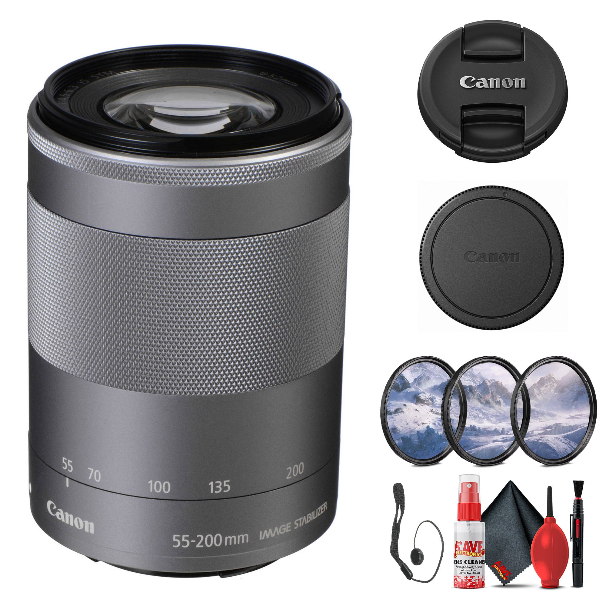 Canon EF-M 55-200mm f/4.5-6.3 IS STM Lens Silver 1122C002 + Filter Kit - Bundle