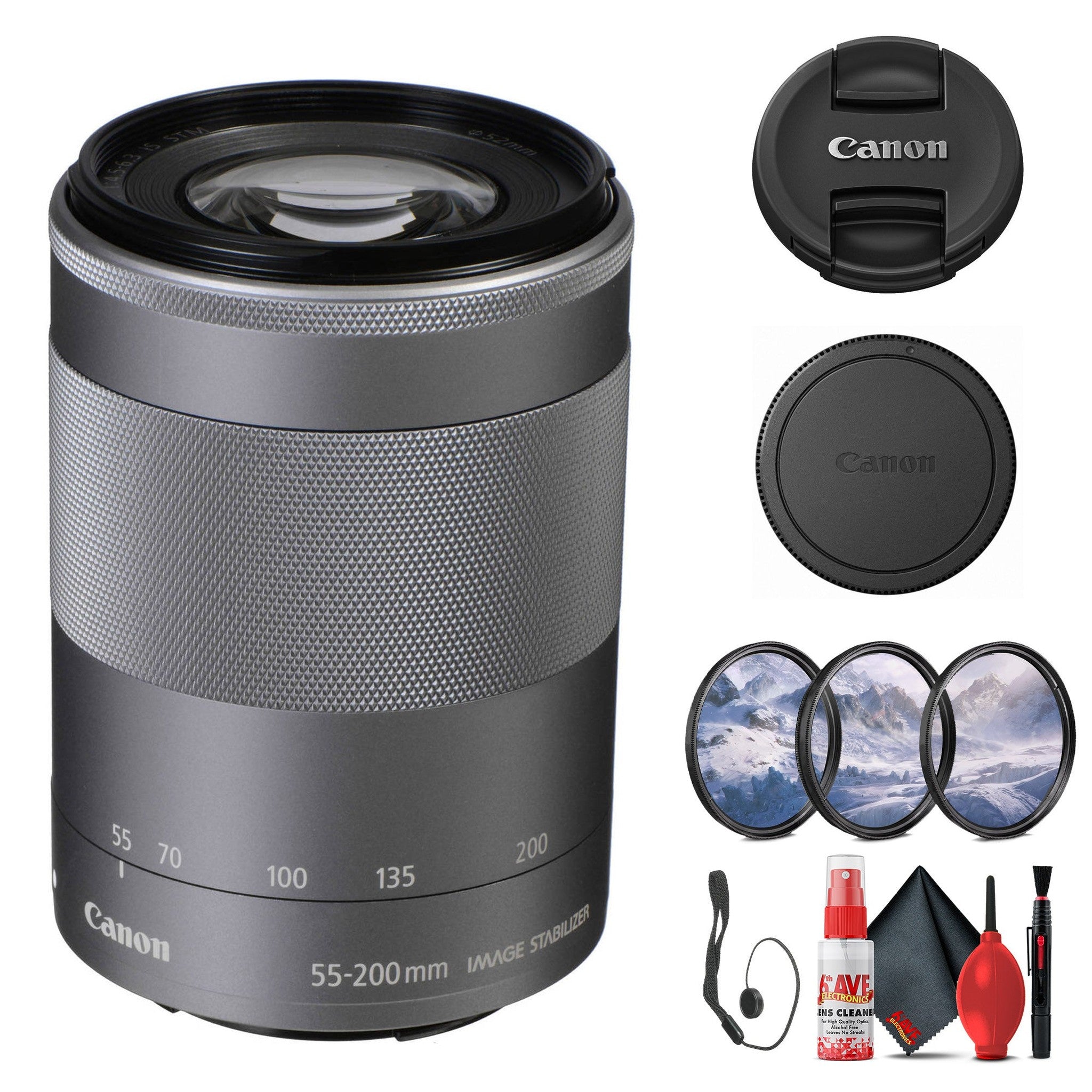 Canon EF-M 55-200mm f/4.5-6.3 IS STM Lens Silver 1122C002 + Filter Kit - Bundle Canon