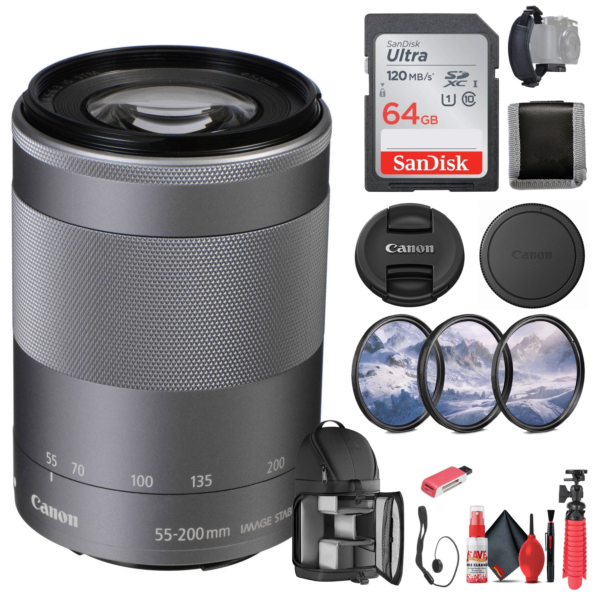Canon EF-M 55-200mm f/4.5-6.3 IS STM Lens (Silver) (1122C002) + 64GB Card  - Bundle