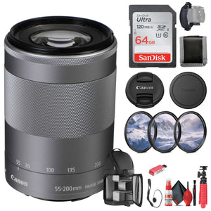 Canon EF-M 55-200mm f/4.5-6.3 IS STM Lens Silver 1122C002 + 64GB Card - Bundle - Reconditioned Canon