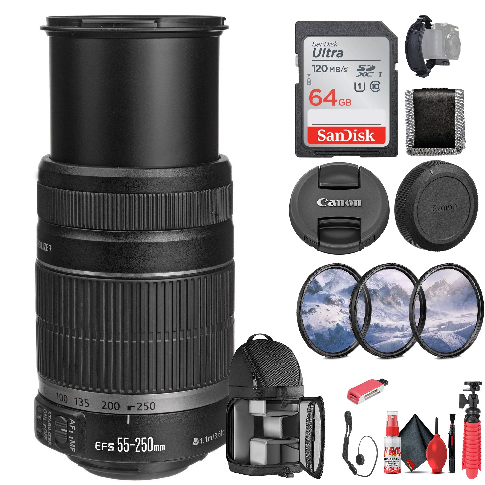 Canon EF-S 55-250mm f/4-5.6 IS II Lens 5123B006 + 64GB Memory Card - Bundle -